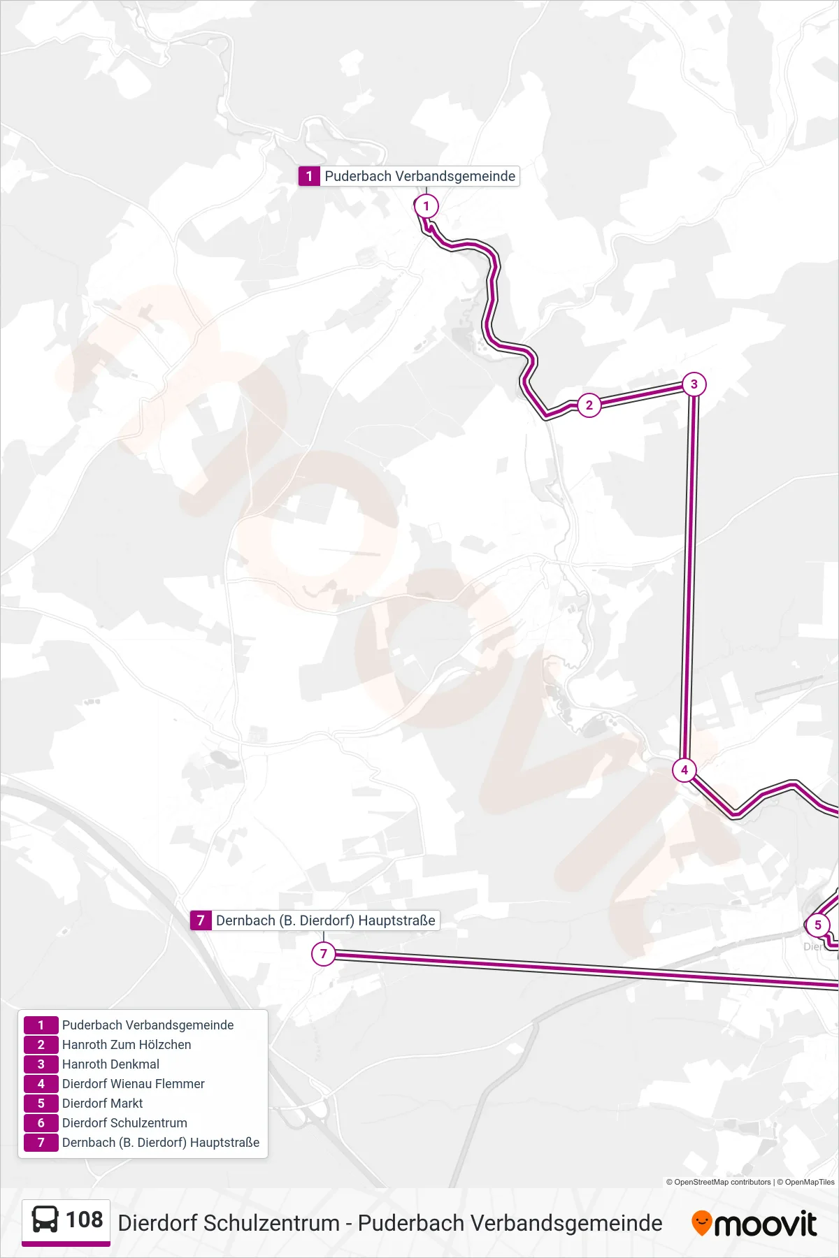 108 bus Line (Dernbach (B. Dierdorf) Hauptstraße) route and stops on a map