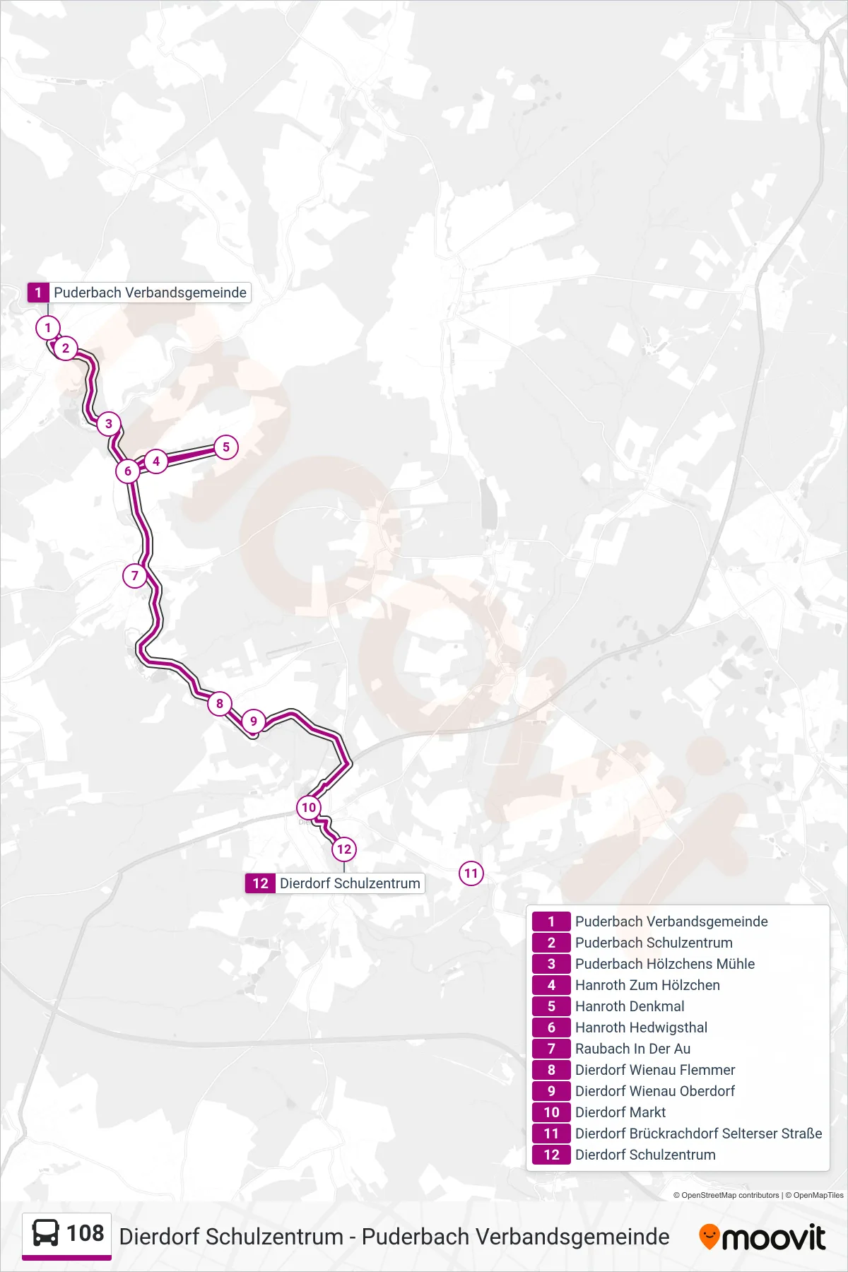 108 bus Line (Dierdorf Schulzentrum) route and stops on a map