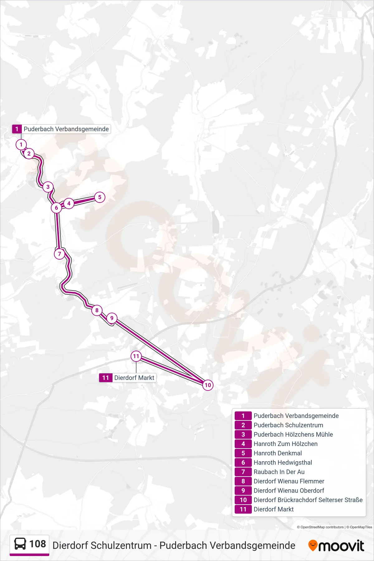 Linie 108 (Bus) Richtung Dierdorf Markt: Route und Haltestellen auf der Karte