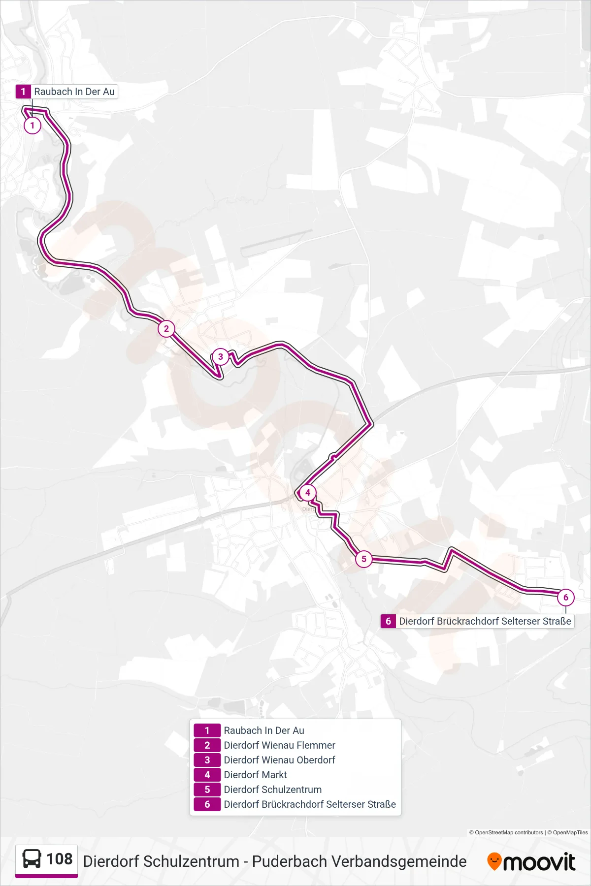 108 bus Line (Dierdorf Brückrachdorf Selterser Straße) route and stops on a map