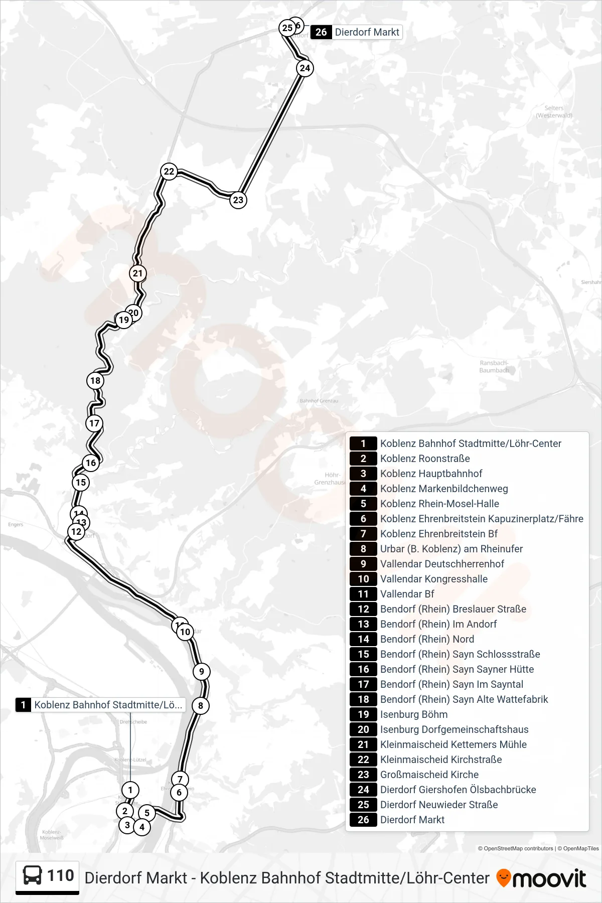 110 bus Line (Dierdorf Markt) route and stops on a map