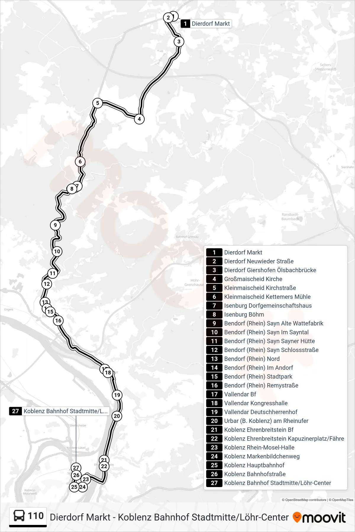 Linie 110 (Bus) Richtung Koblenz Bahnhof Stadtmitte/Löhr-Center: Route und Haltestellen auf der Karte