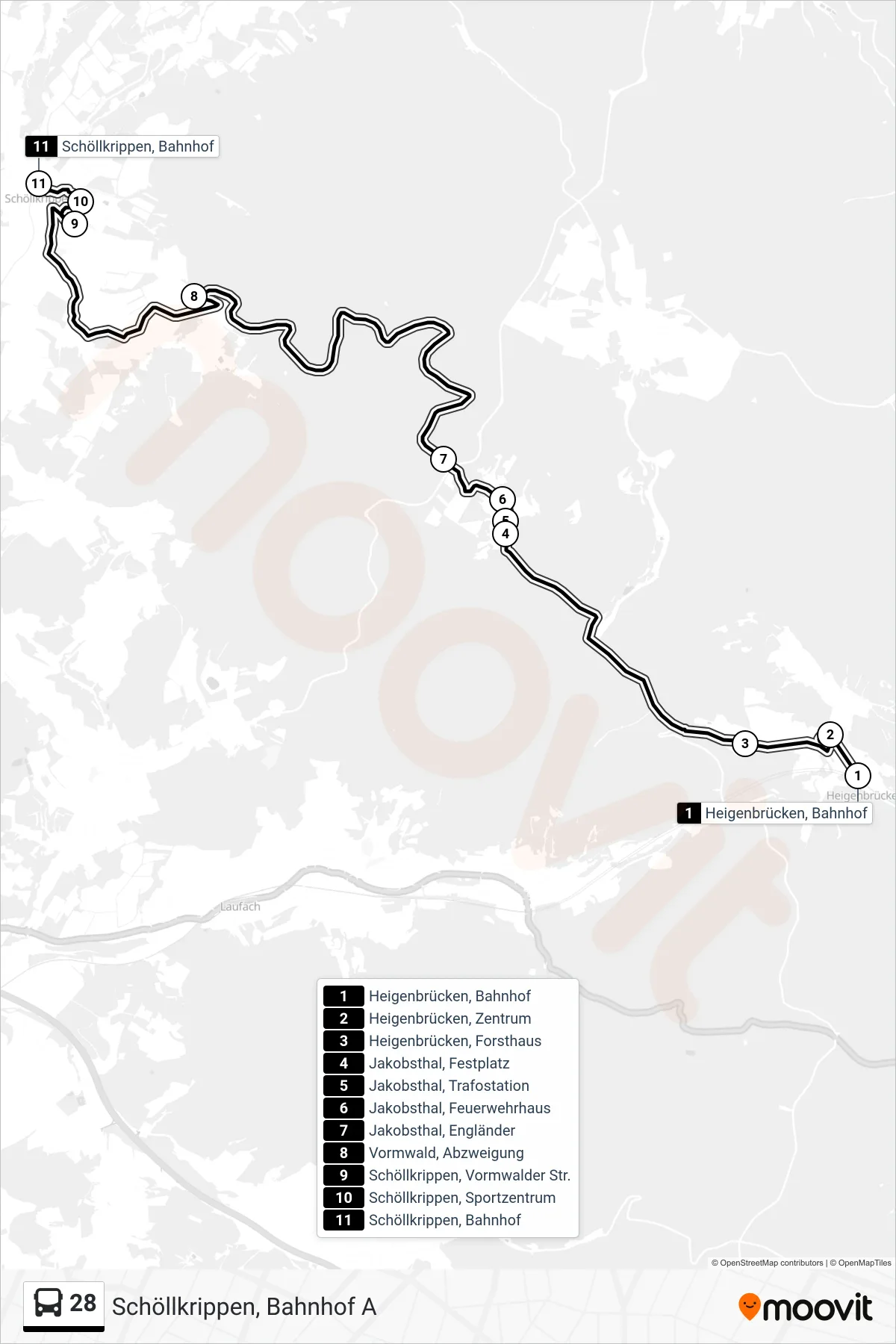 28 bus Line (Schöllkrippen, Bahnhof A) route and stops on a map