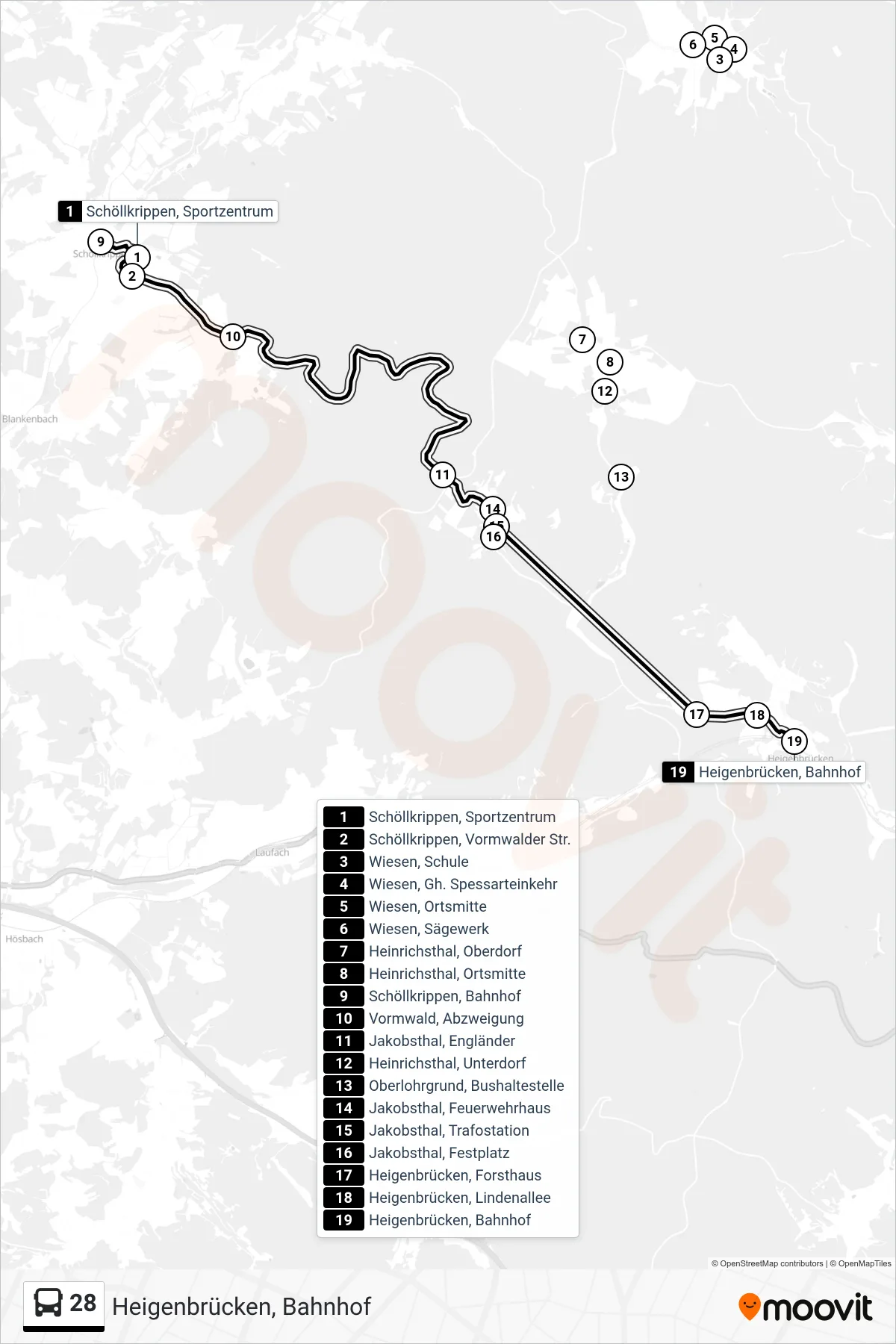 28 bus Line (Heigenbrücken, Bahnhof) route and stops on a map