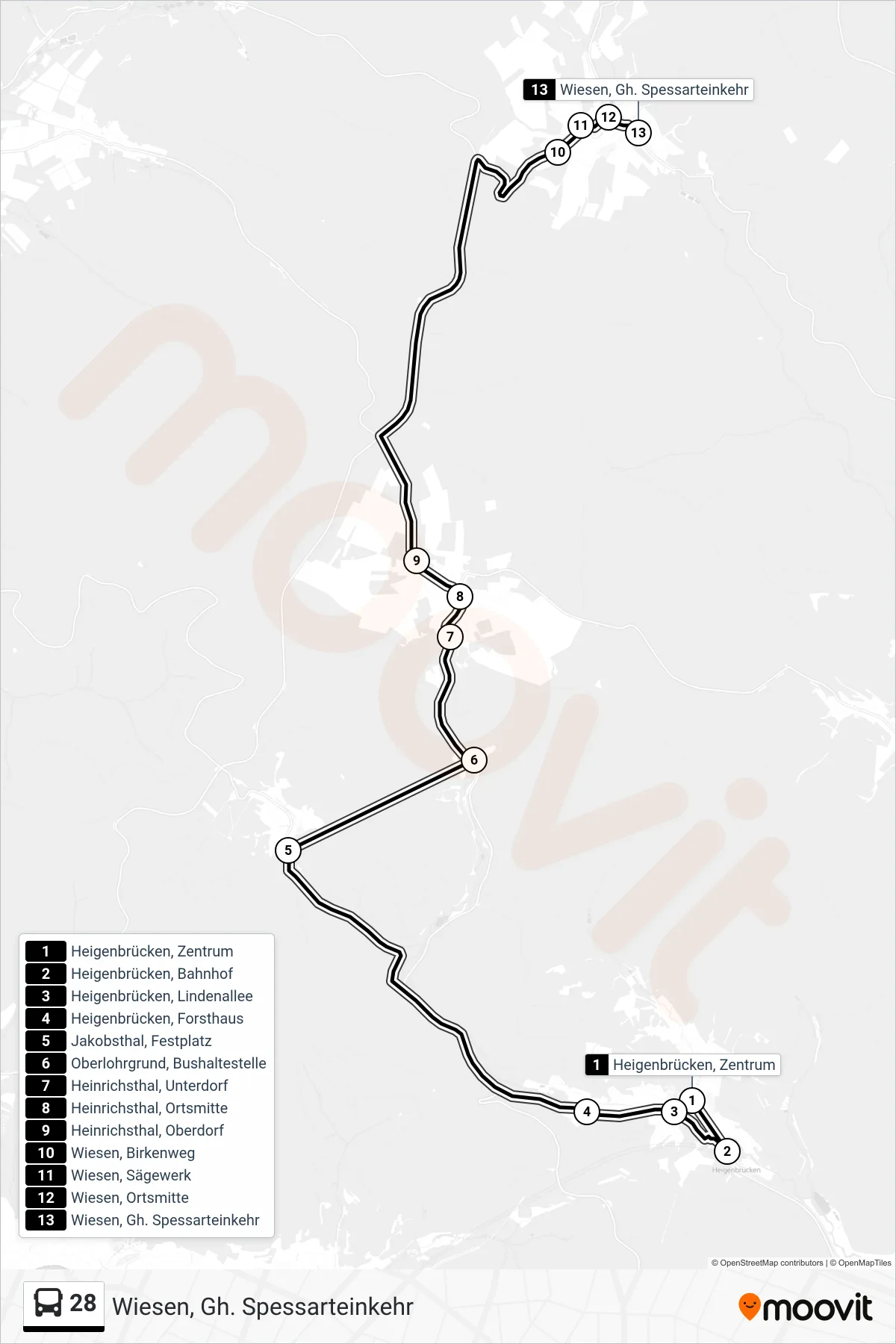 Linie 28 (Bus) Richtung Wiesen, Gh. Spessarteinkehr: Route und Haltestellen auf der Karte