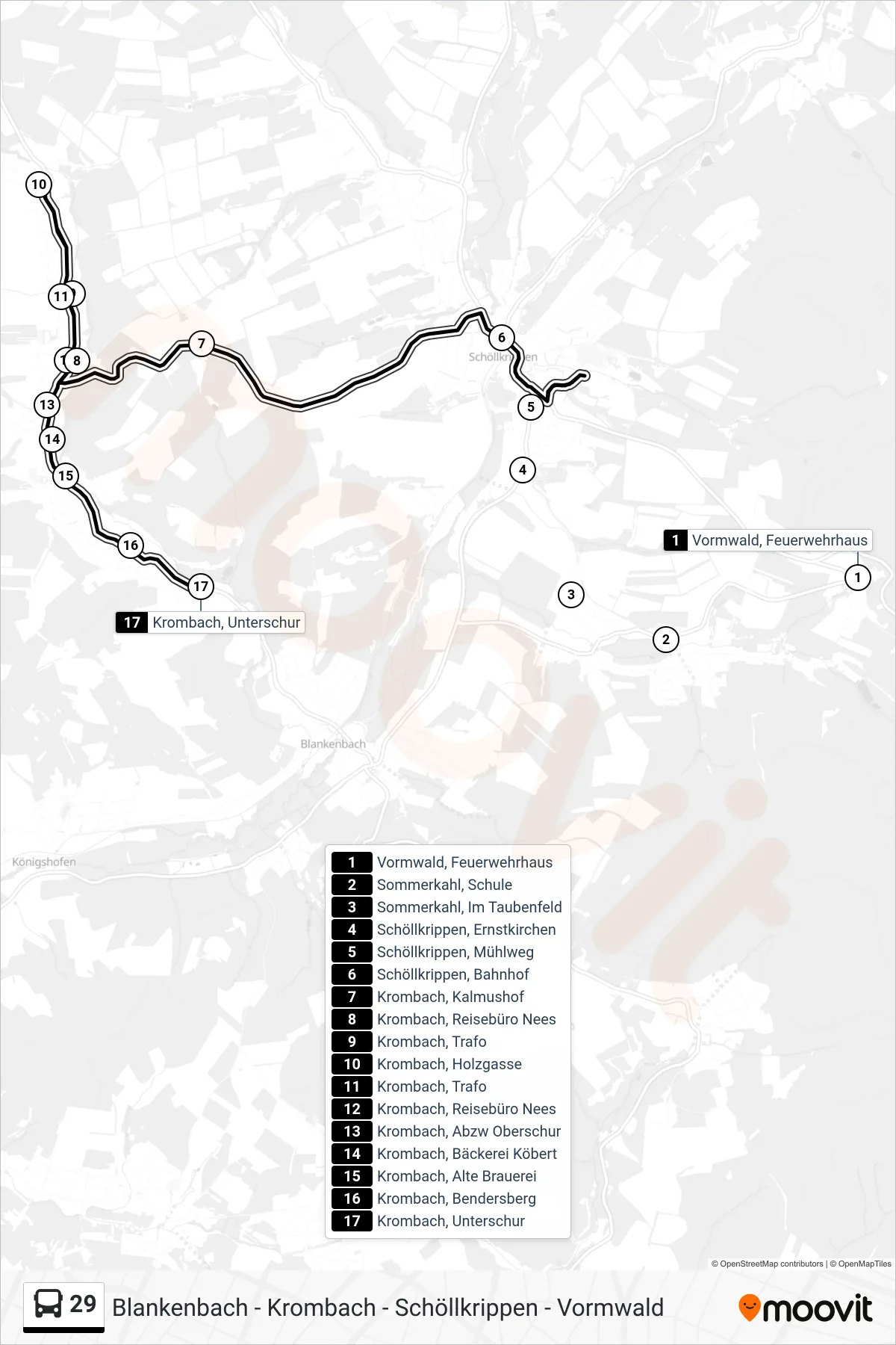 29 bus Line (Krombach, Unterschur) route and stops on a map