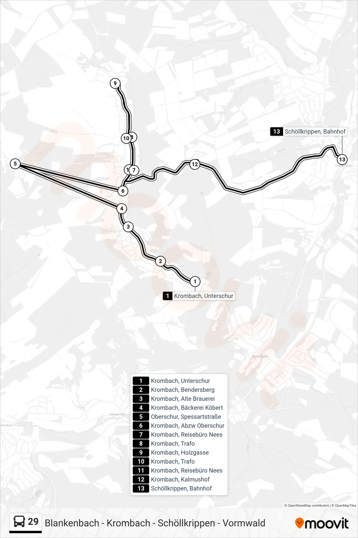 29 bus Line (Schöllkrippen, Bahnhof) route and stops on a map
