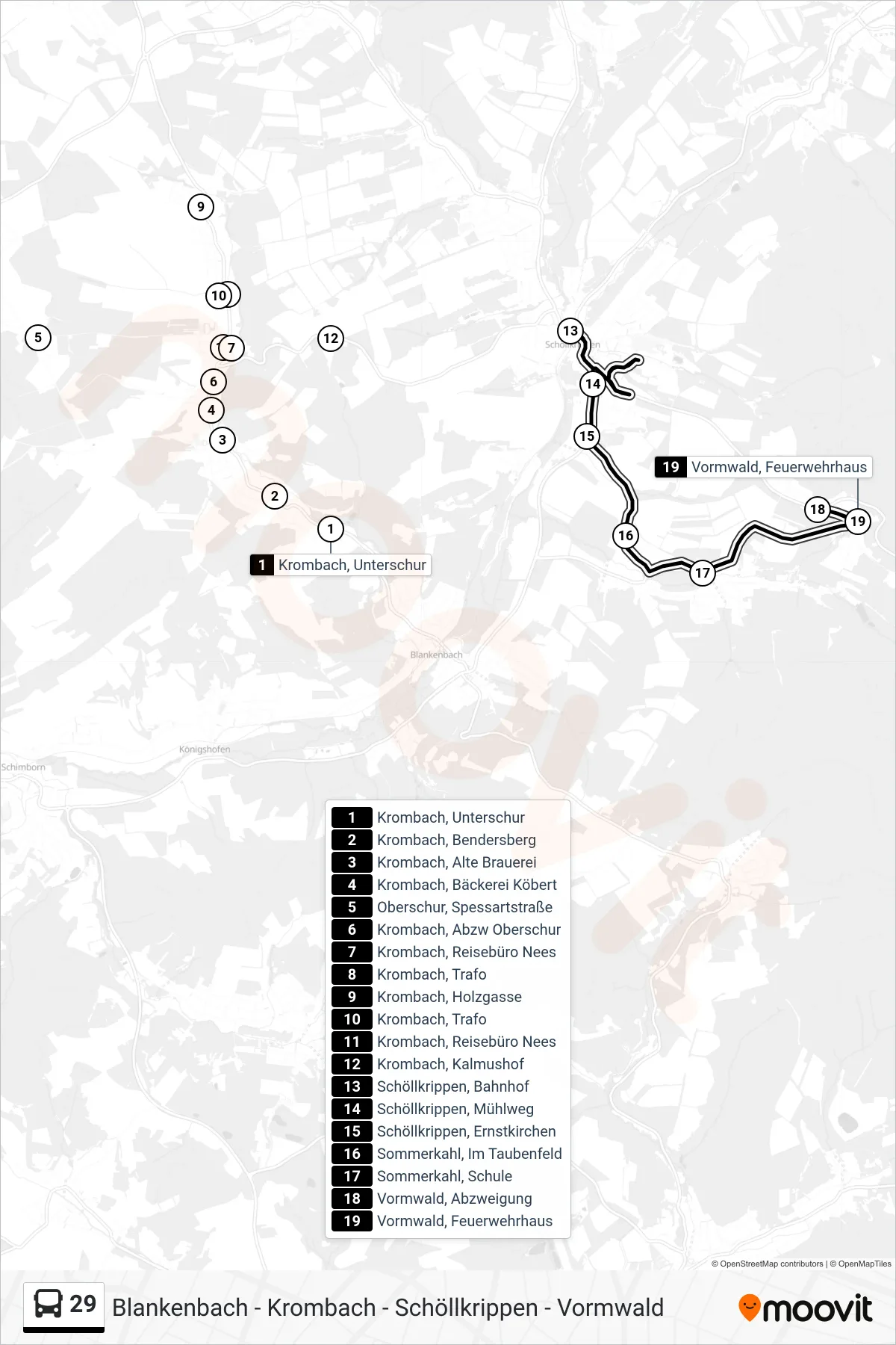 29 bus Line (Vormwald, Feuerwehrhaus) route and stops on a map