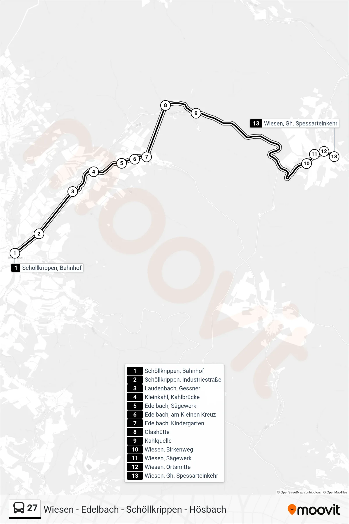 Linie 27 (Bus) Richtung Wiesen, Gh. Spessarteinkehr: Route und Haltestellen auf der Karte