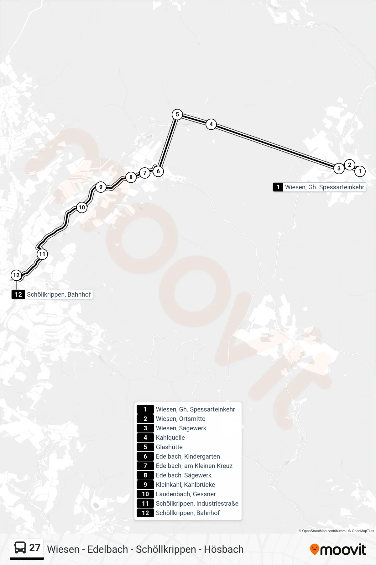 27 bus Line (Schöllkrippen, Bahnhof) route and stops on a map