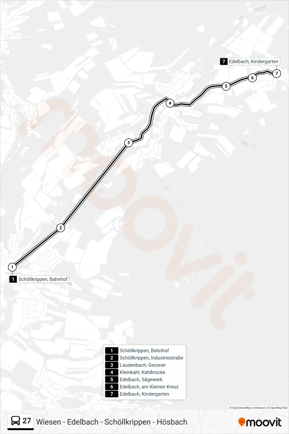 27 bus Line (Edelbach, Kindergarten) route and stops on a map