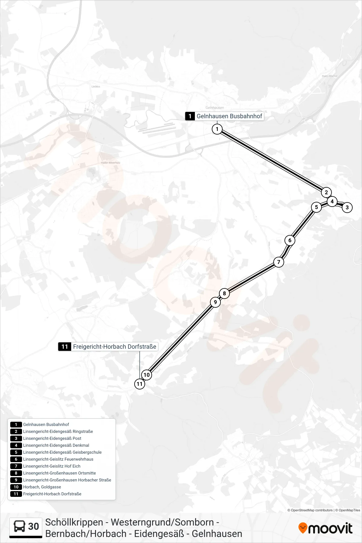 30 bus Line (Horbach, Dorfstraße) route and stops on a map