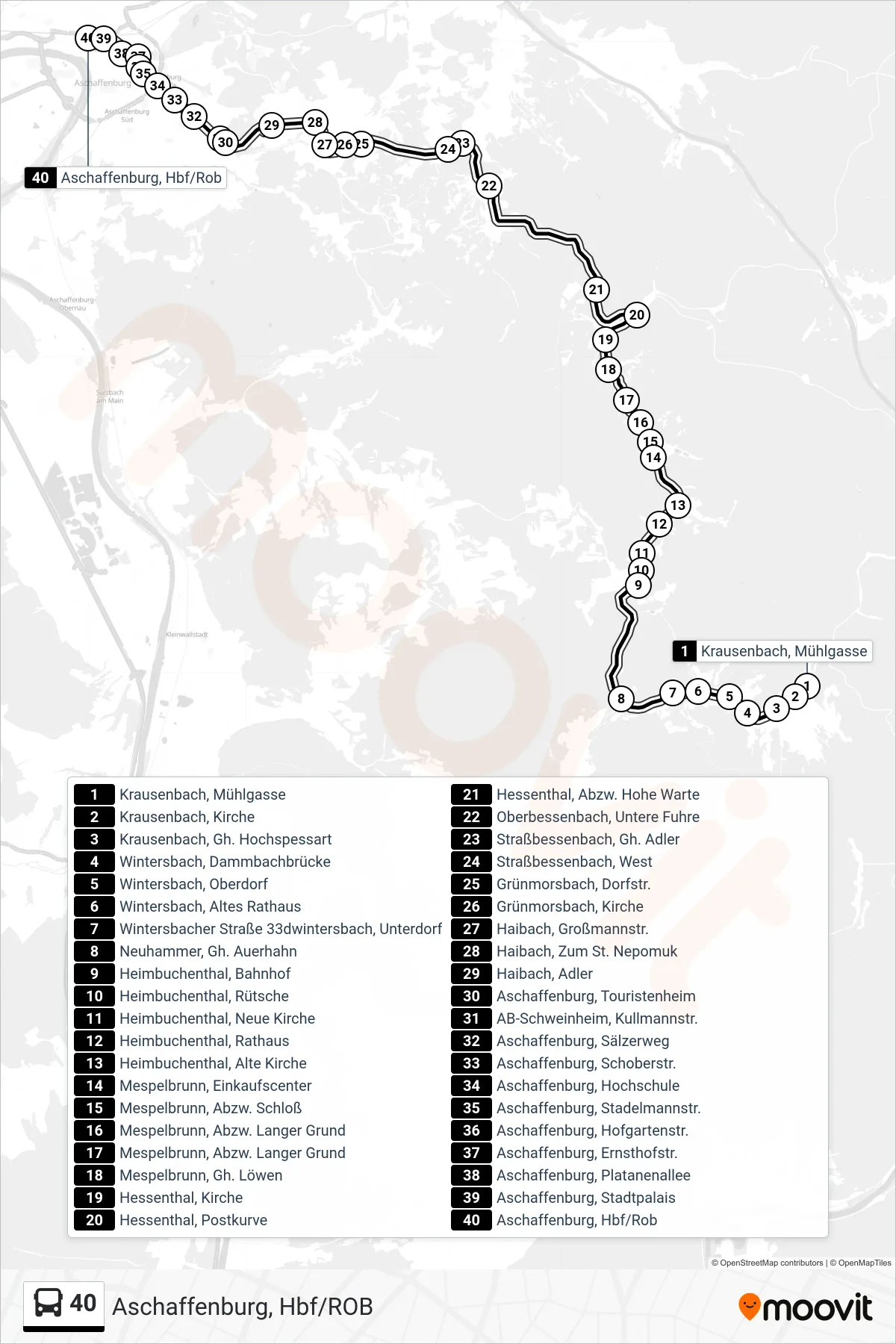 Linie 40 (Bus) Richtung Aschaffenburg, Hbf/ROB: Route und Haltestellen auf der Karte