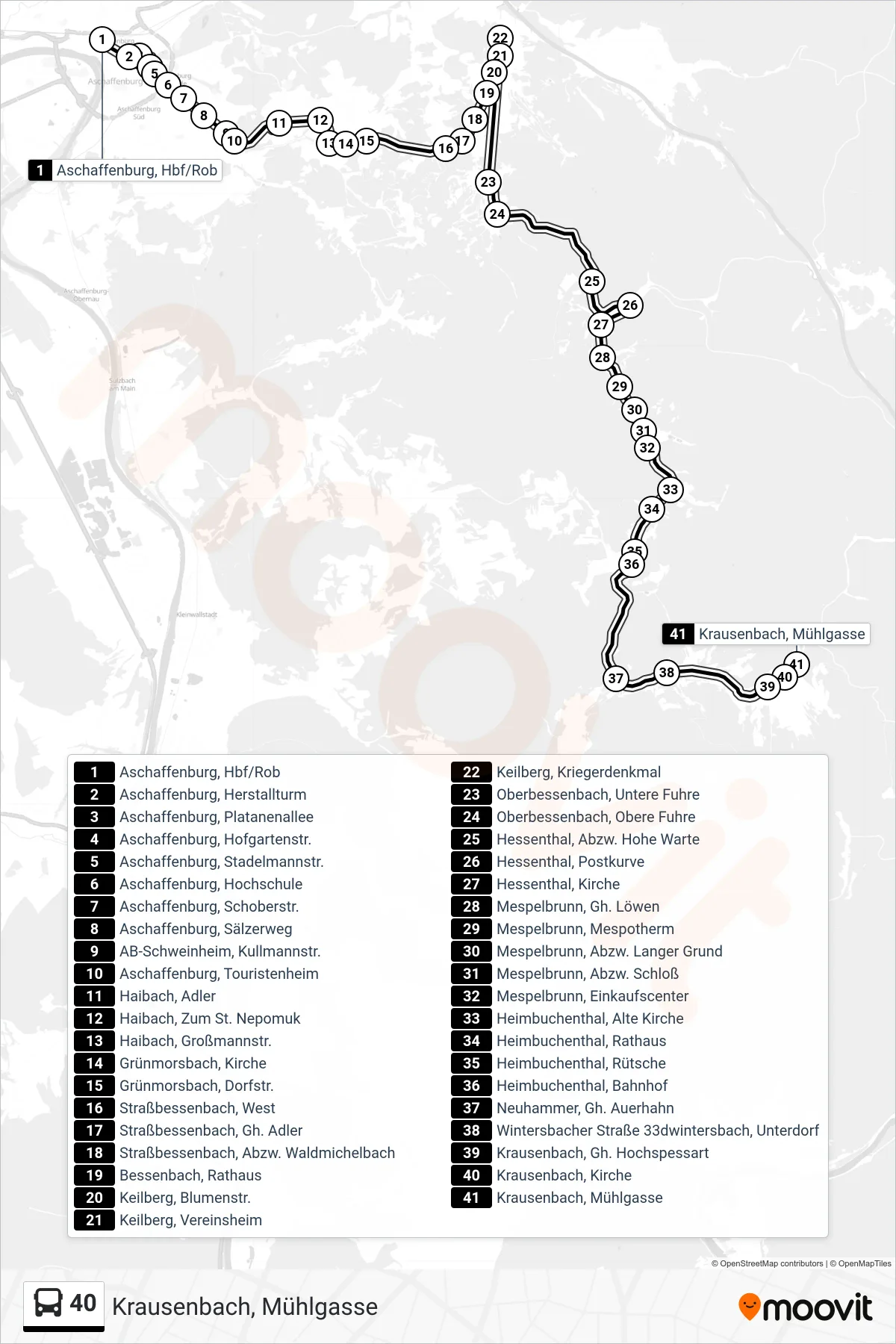 40 bus Line (Krausenbach, Mühlgasse) route and stops on a map