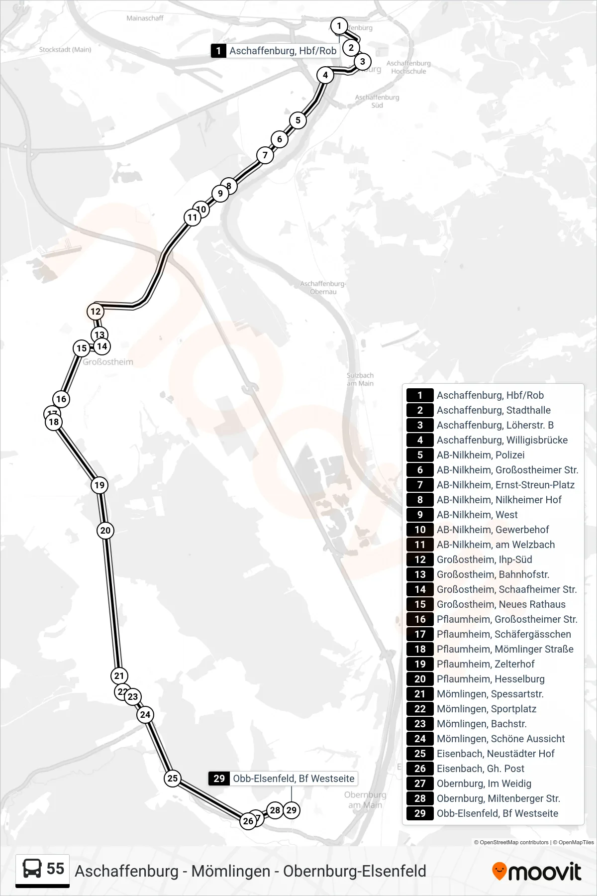 55 bus Line (Obb-Elsenfeld, Bf Westseite) route and stops on a map