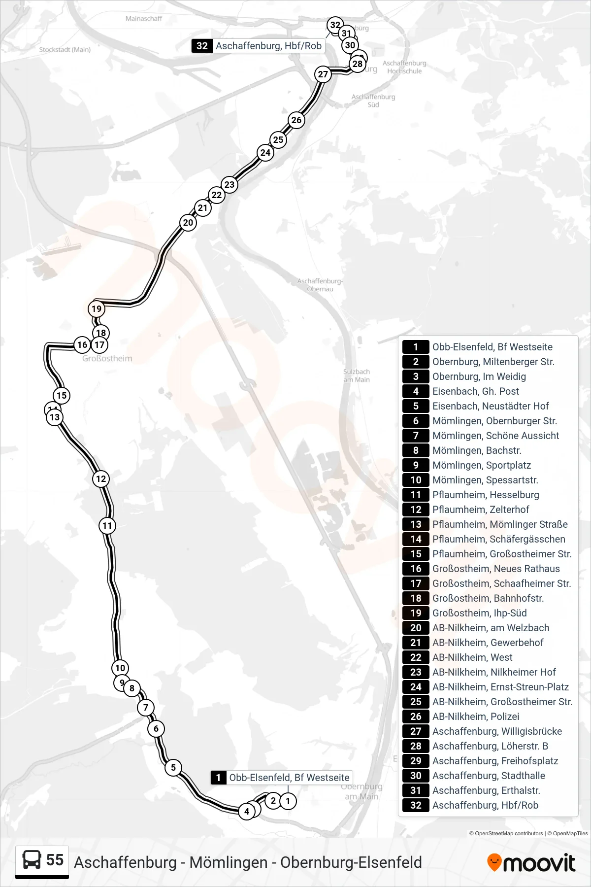 55 bus Line (Aschaffenburg, Hbf/ROB 2) route and stops on a map