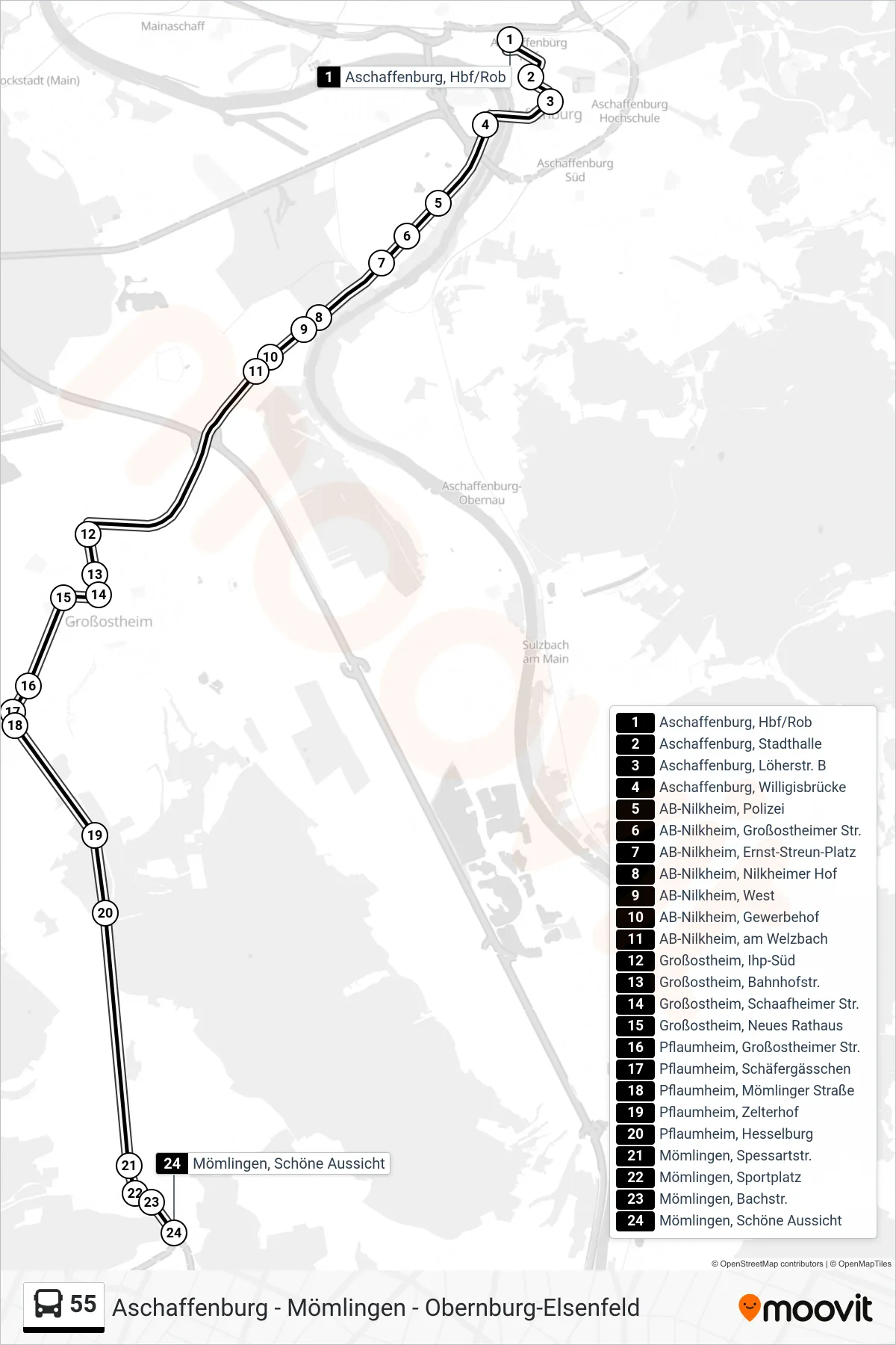 55 bus Line (Mömlingen, Schöne Aussicht) route and stops on a map