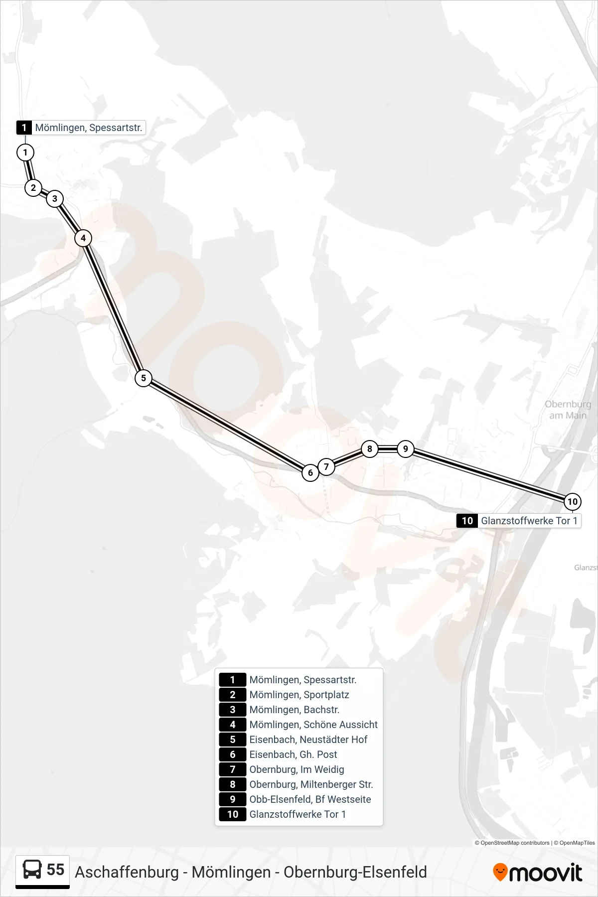 55 bus Line (Glanzstoffwerke Tor 1) route and stops on a map