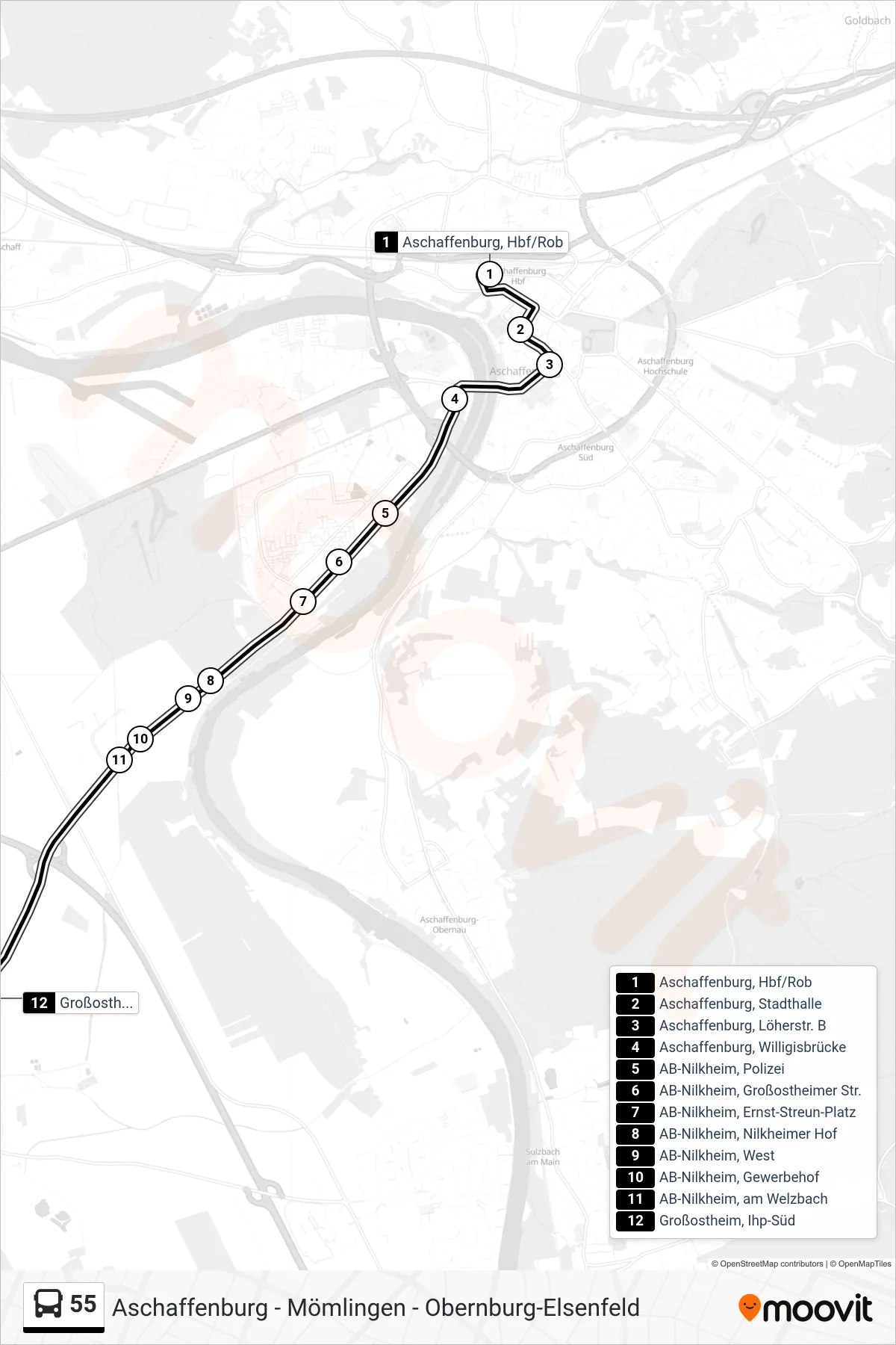 Linie 55 (Bus) Richtung Großostheim, IHP-Süd: Route und Haltestellen auf der Karte