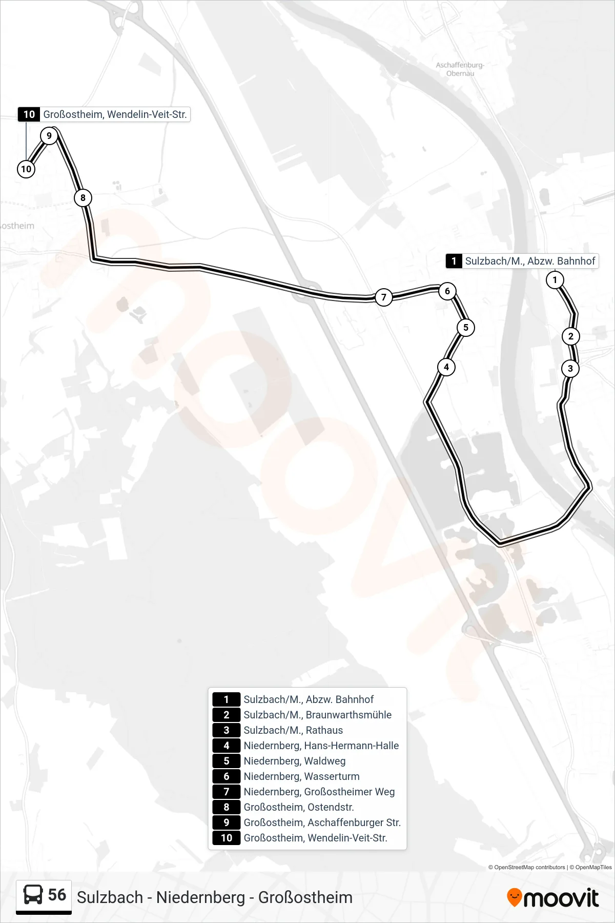 Linie 56 (Bus) Richtung Großostheim, Wendelin-Veit-Str.: Route und Haltestellen auf der Karte