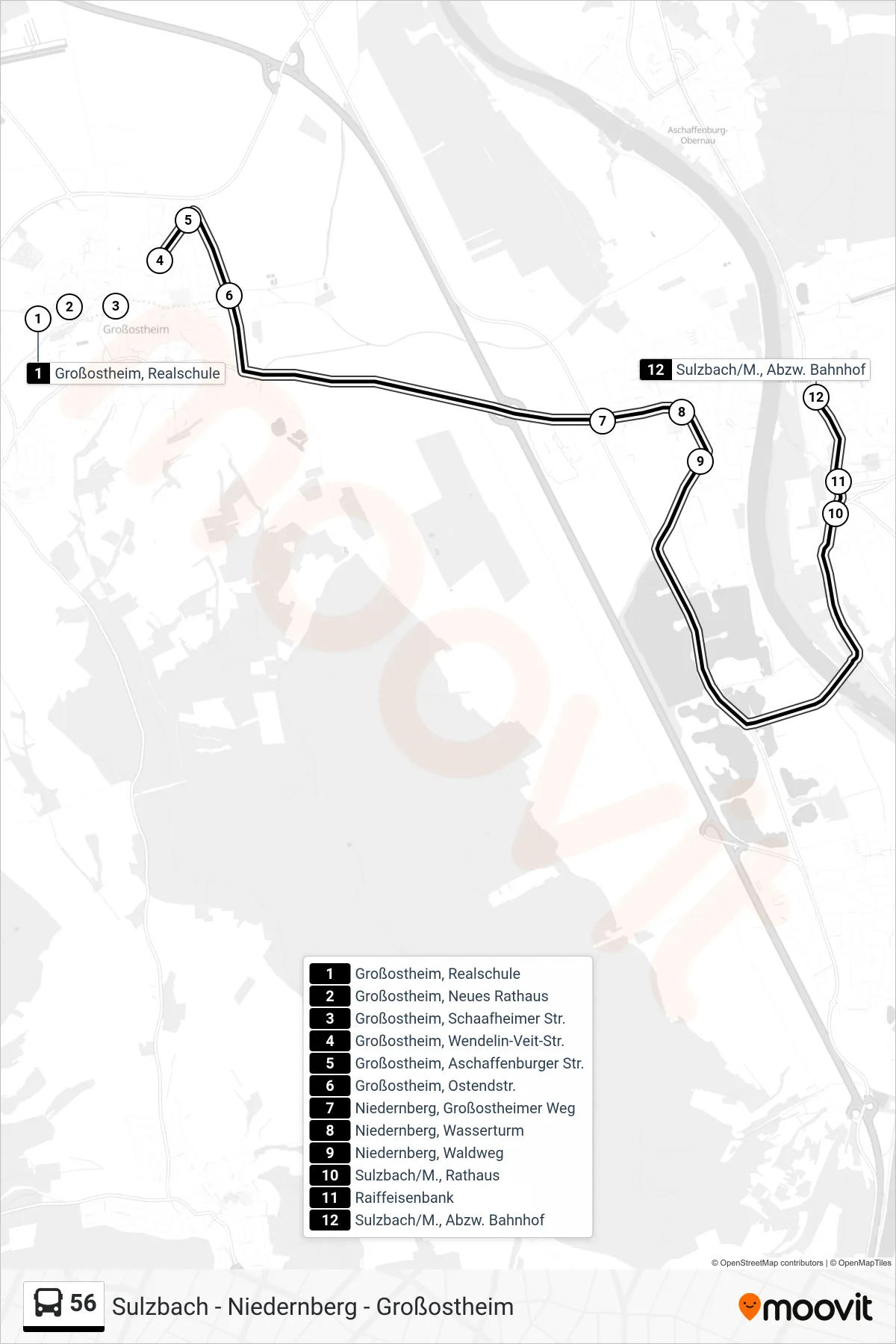 56 bus Line (Sulzbach/M., Bahnhof) route and stops on a map