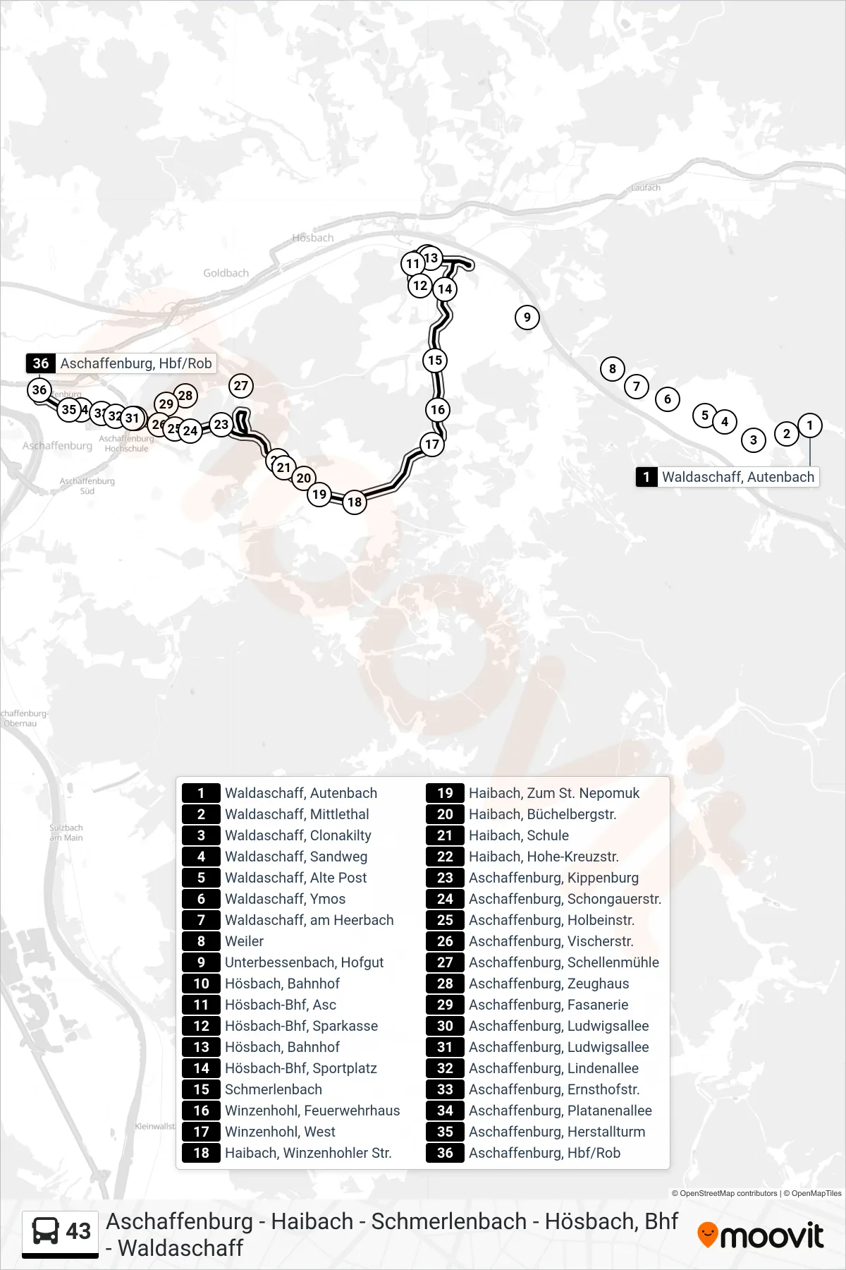 43 bus Line (Aschaffenburg, Hbf/ROB) route and stops on a map