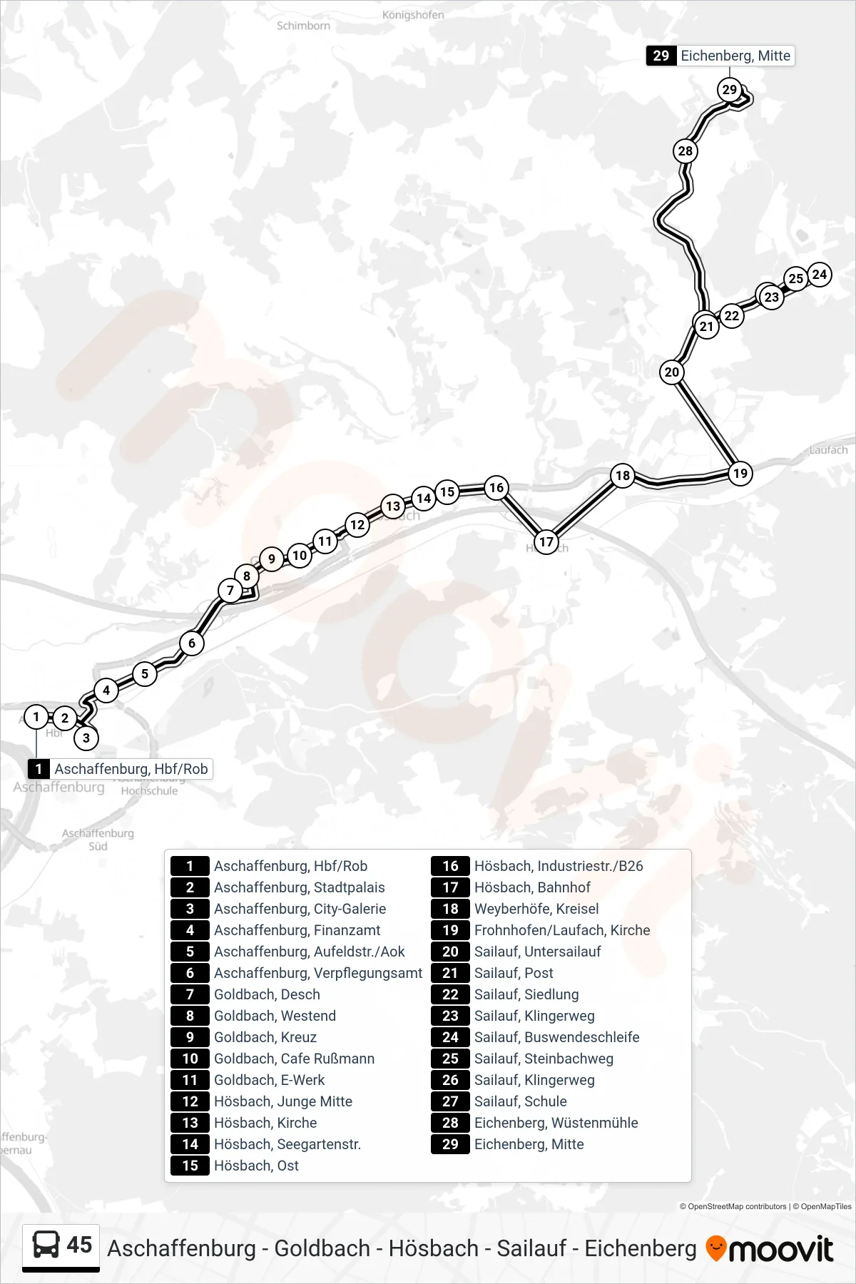 45 bus Line (Eichenberg, Mitte) route and stops on a map