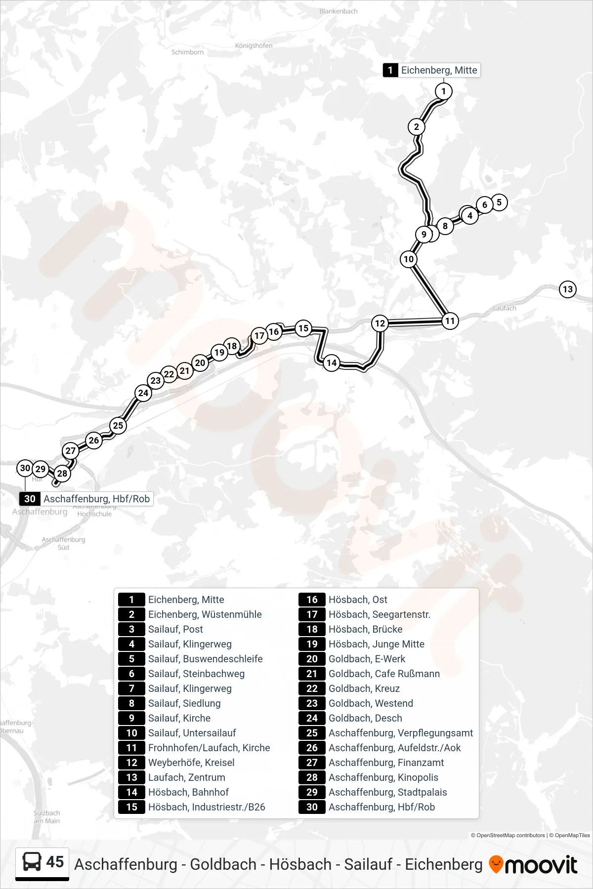 45 bus Line (Aschaffenburg, Hbf/ROB) route and stops on a map