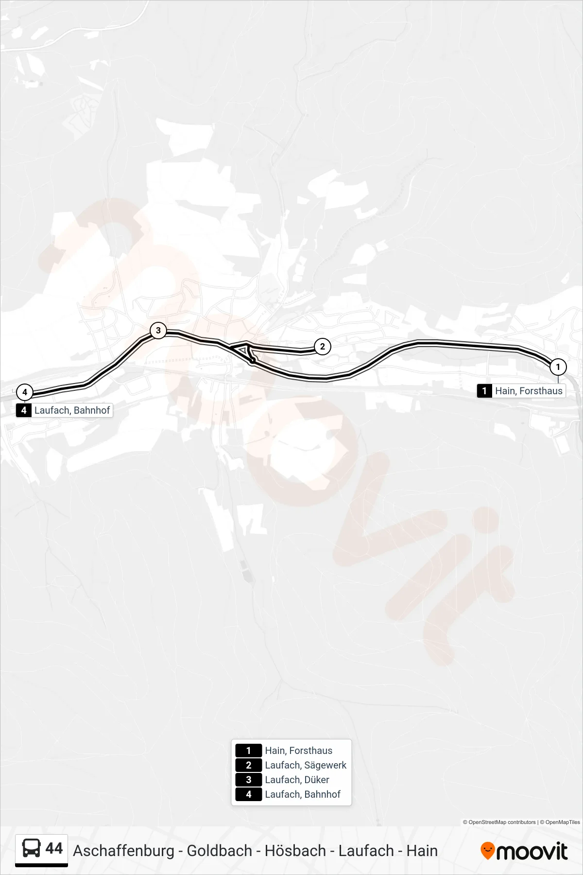 Linie 44 (Bus) Richtung Laufach, Bahnhof: Route und Haltestellen auf der Karte