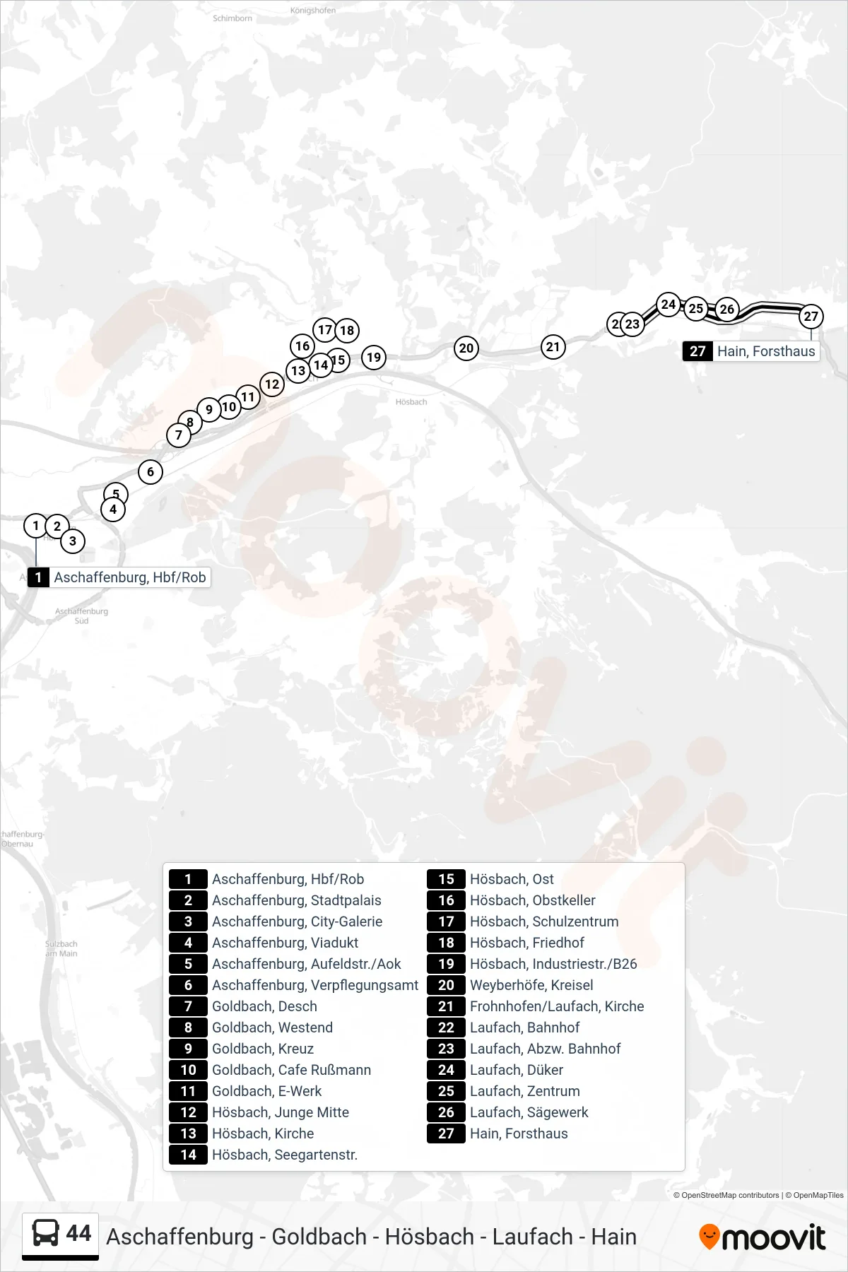 44 bus Line (Hain, Forsthaus) route and stops on a map