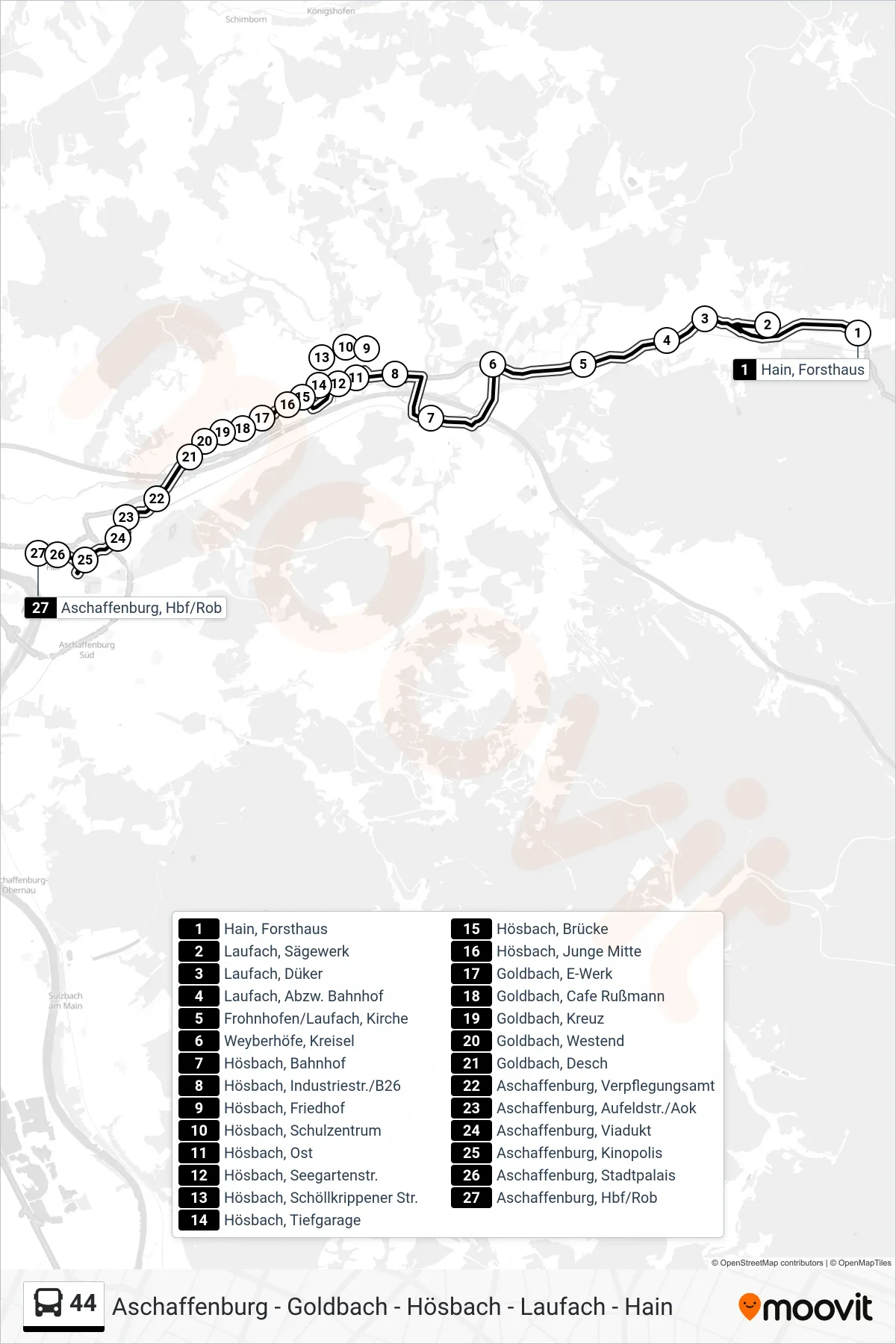 Linie 44 (Bus) Richtung Aschaffenburg, Hbf/ROB: Route und Haltestellen auf der Karte