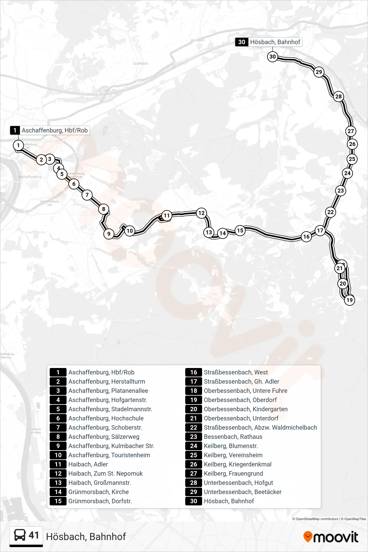 41 bus Line (Hösbach, Bahnhof) route and stops on a map
