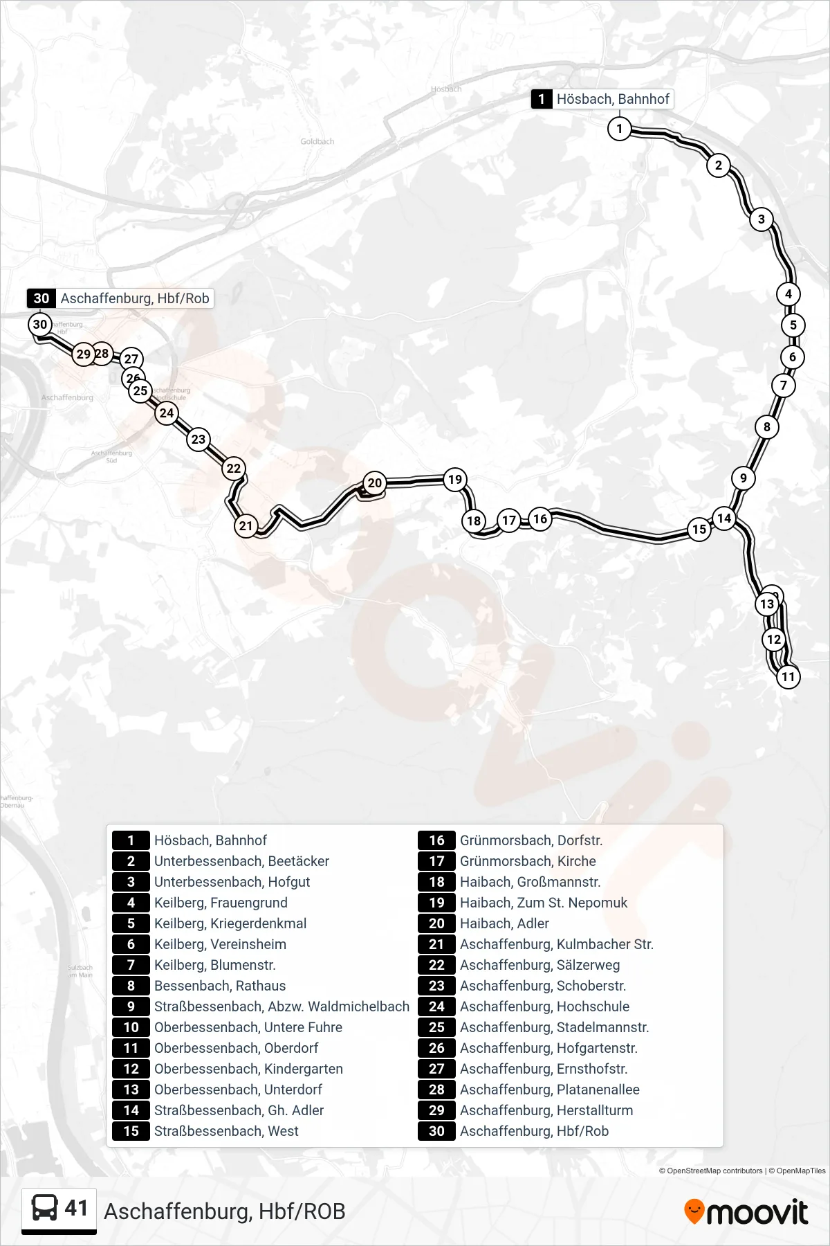 Linie 41 (Bus) Richtung Aschaffenburg, Hbf/ROB: Route und Haltestellen auf der Karte