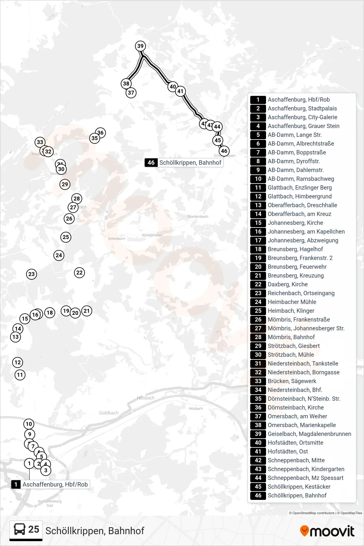 Linie 25 (Bus) Richtung Schöllkrippen, Bahnhof: Route und Haltestellen auf der Karte