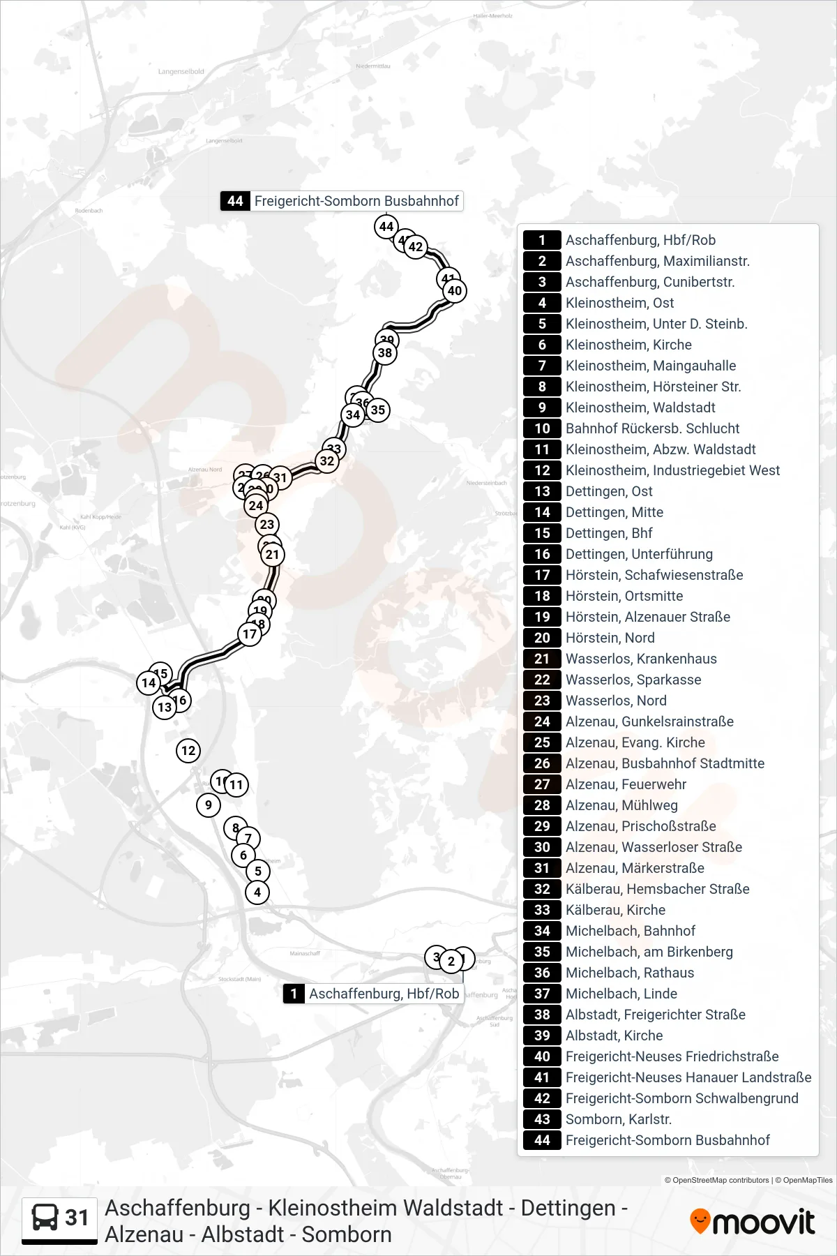 31 bus Line (Somborn, Busbahnhof) route and stops on a map