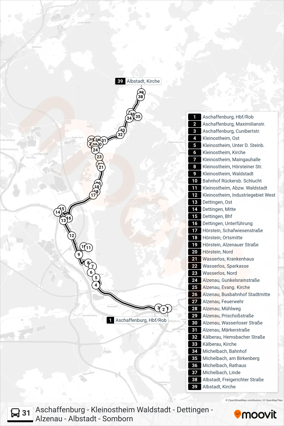 31 bus Line (Albstadt, Kirche) route and stops on a map