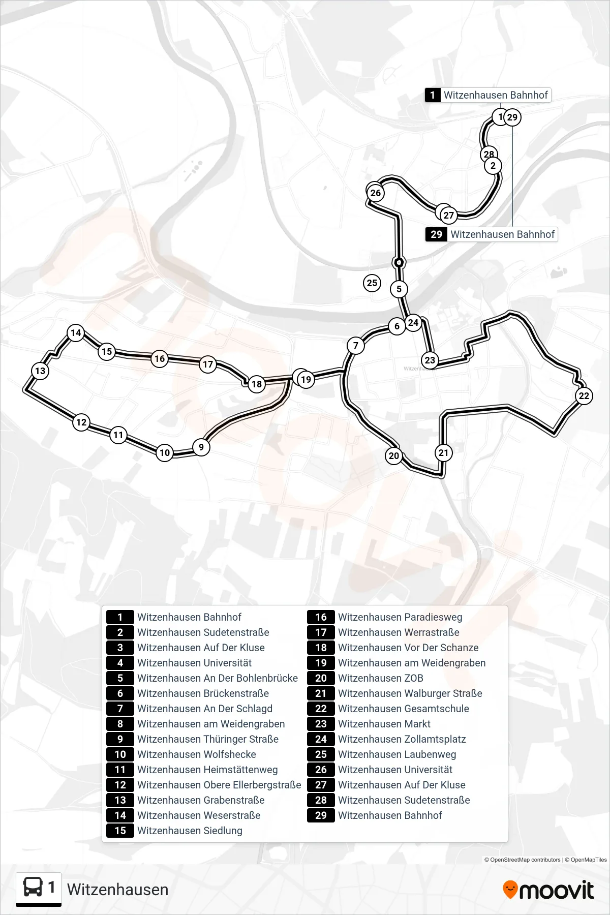 Linie 1 (Bus) Richtung Witzenhausen: Route und Haltestellen auf der Karte