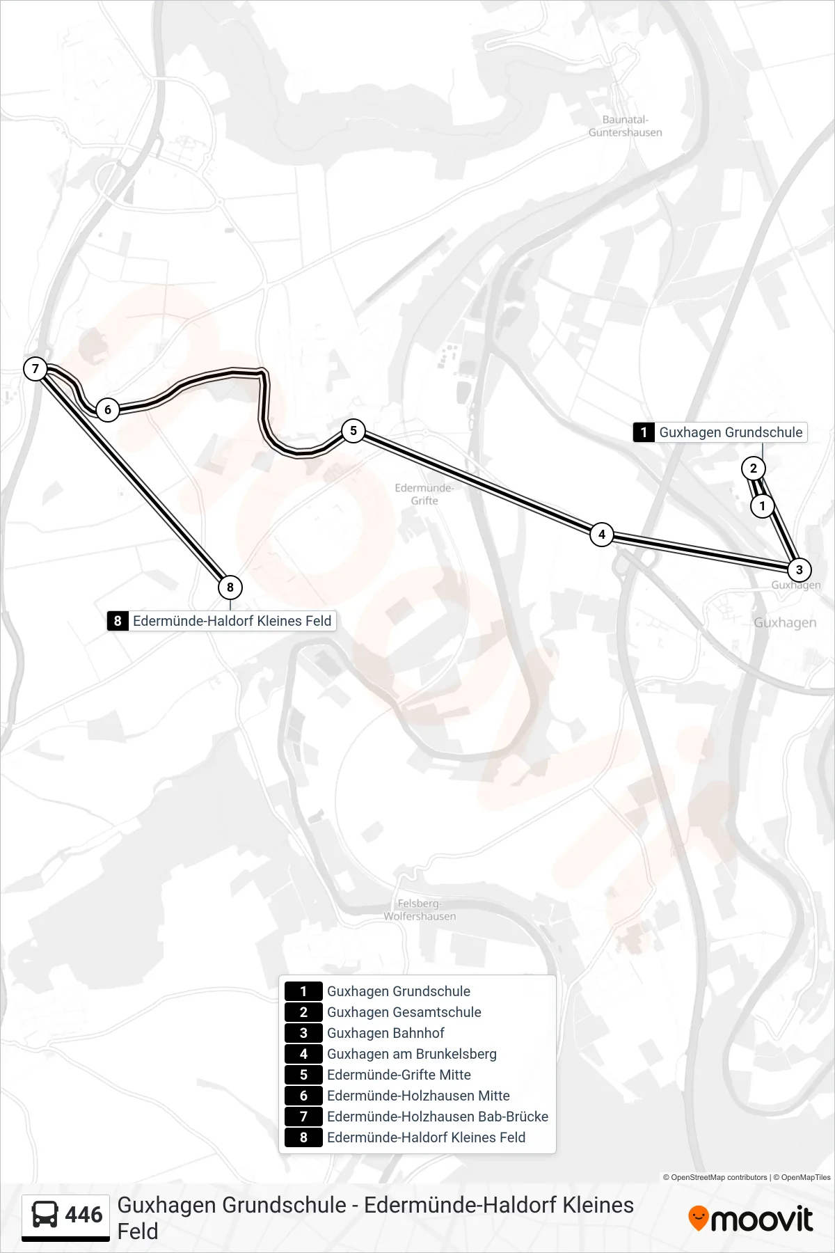 446 bus Line (Edermünde-Haldorf) route and stops on a map