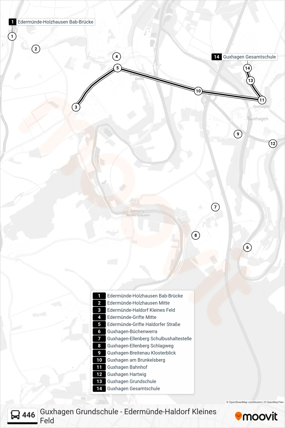 446 bus Line (Guxhagen, Gesamtschule) route and stops on a map