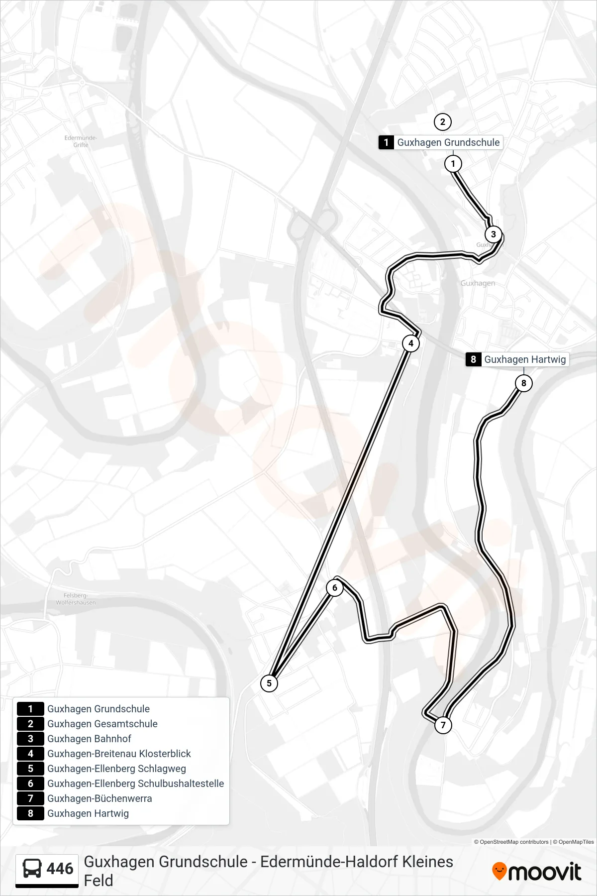 446 bus Line (Guxhagen, Hartwig Via Büchenwerra) route and stops on a map