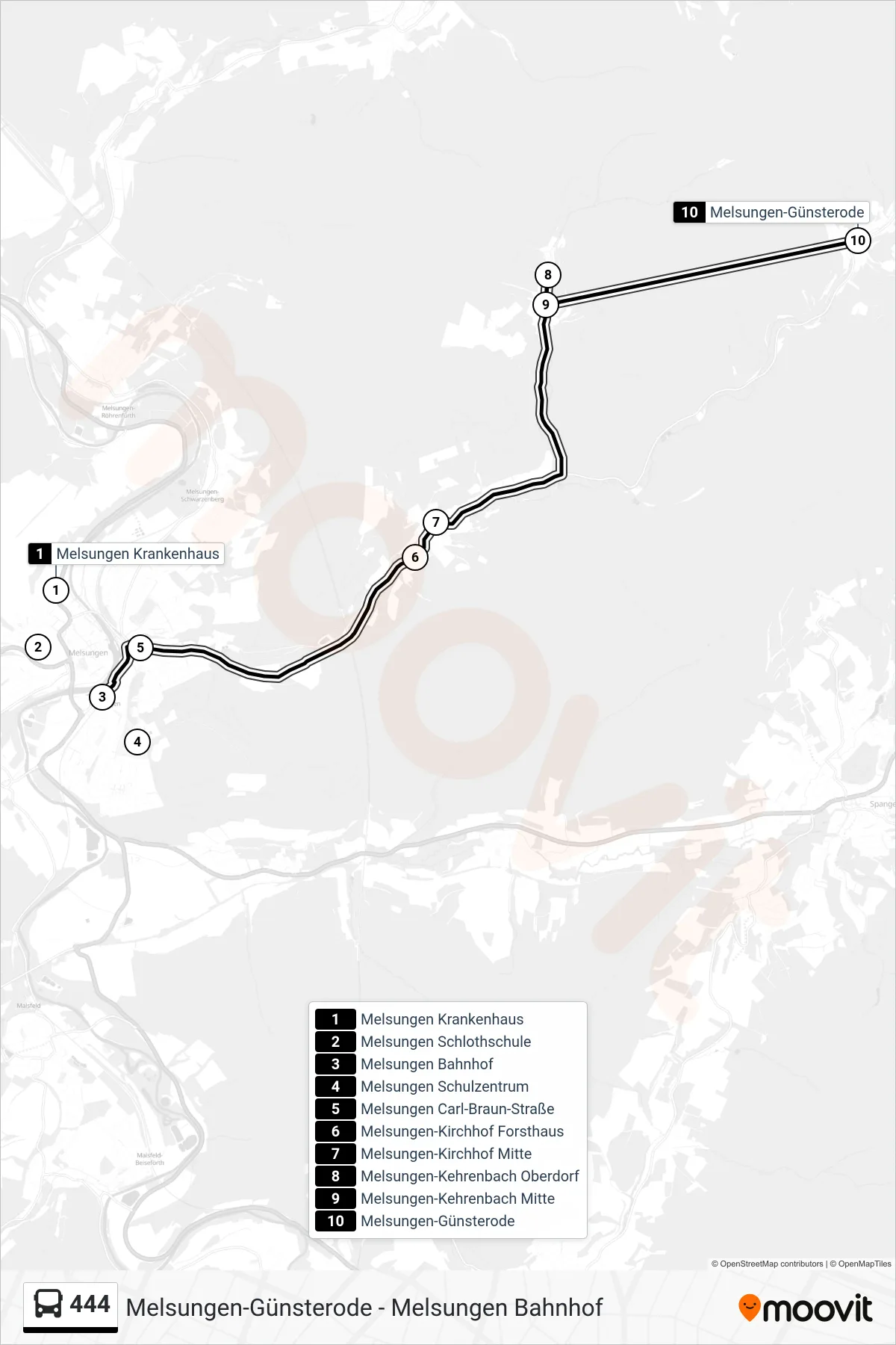 444 bus Line (Günsterode) route and stops on a map