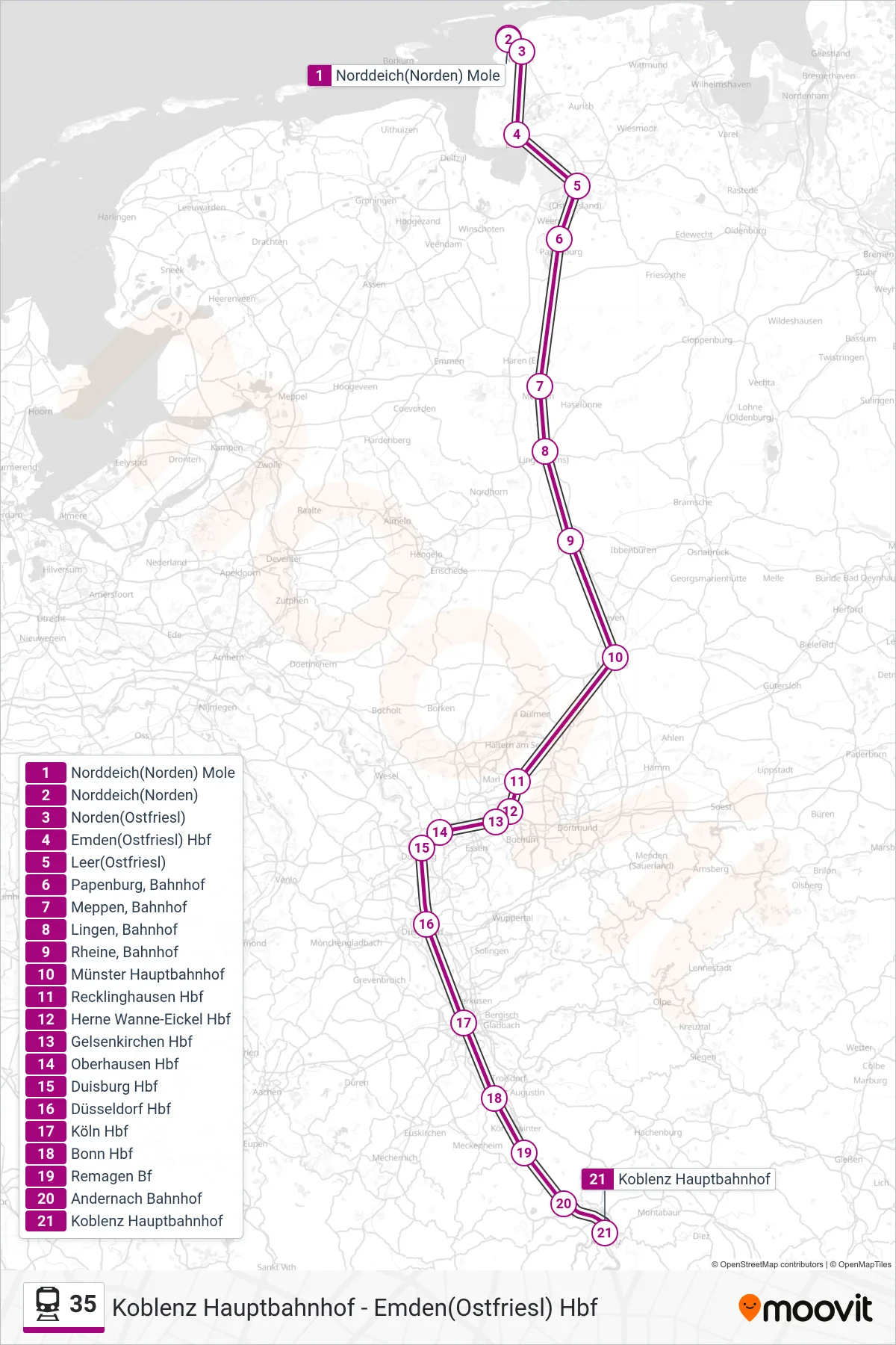 35 rail Line (Koblenz Hauptbahnhof) route and stops on a map