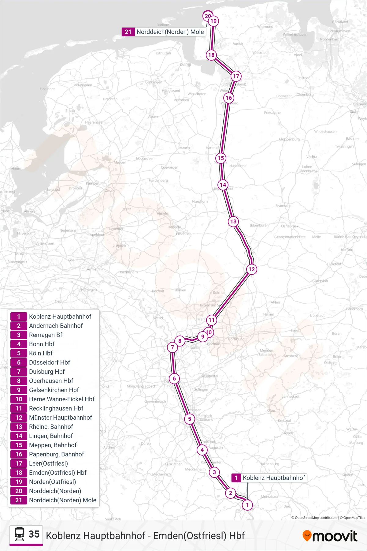 Linie 35 (Bahn) Richtung Norddeich(Norden) Mole: Route und Haltestellen auf der Karte