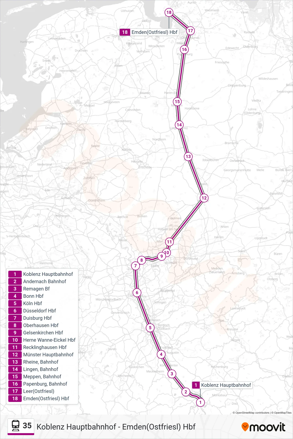 35 rail Line (Emden(Ostfriesl) Hbf) route and stops on a map