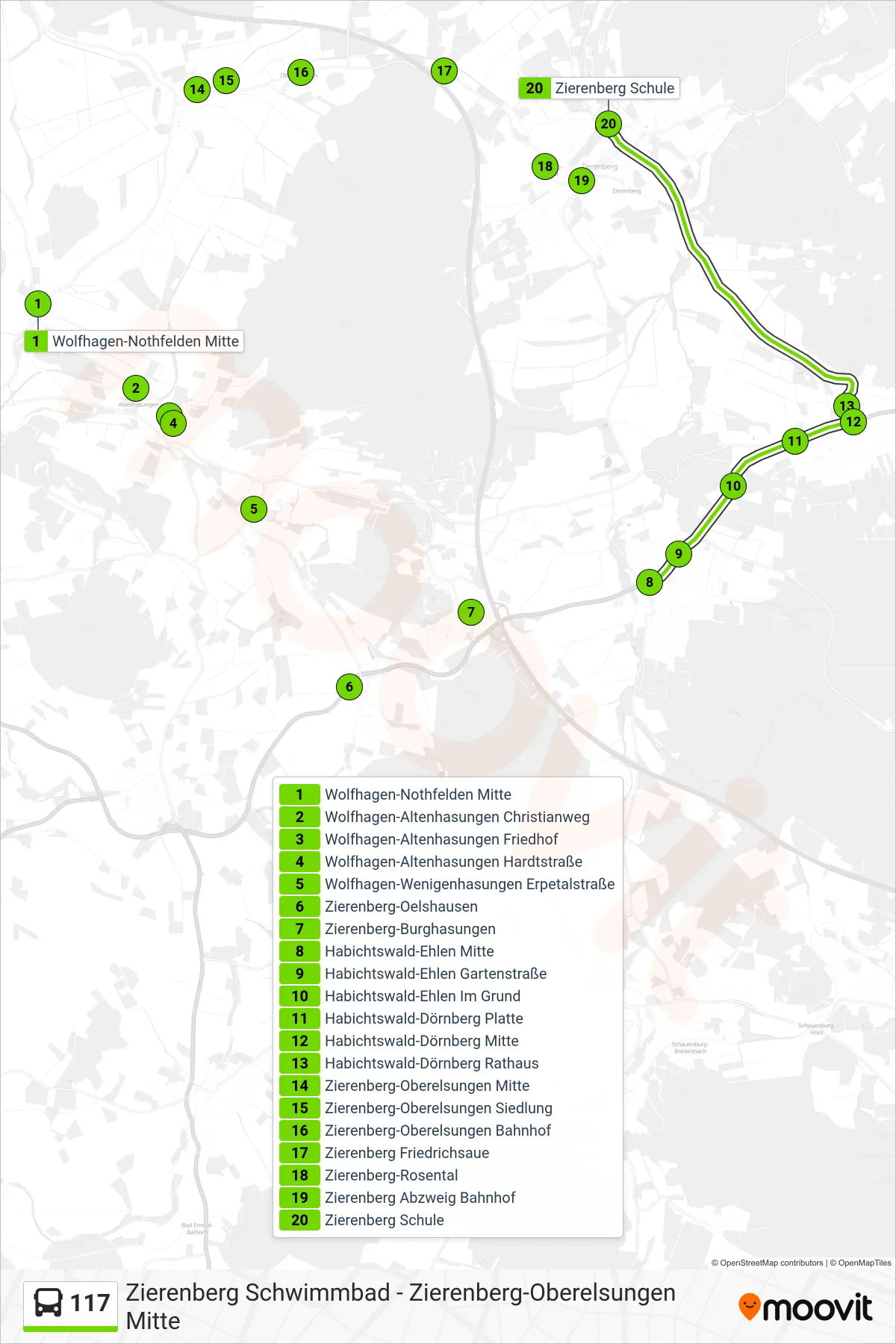 117 bus Line (Zierenberg Schule) route and stops on a map