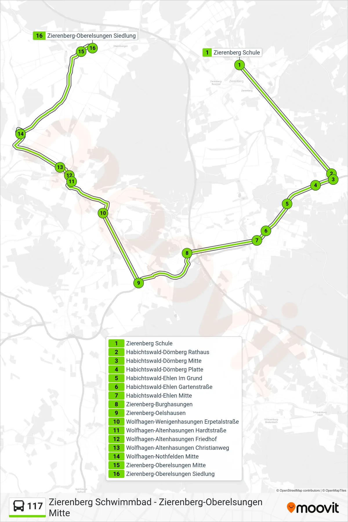 117 bus Line (Zierenberg-Oberelsungen Siedlung) route and stops on a map