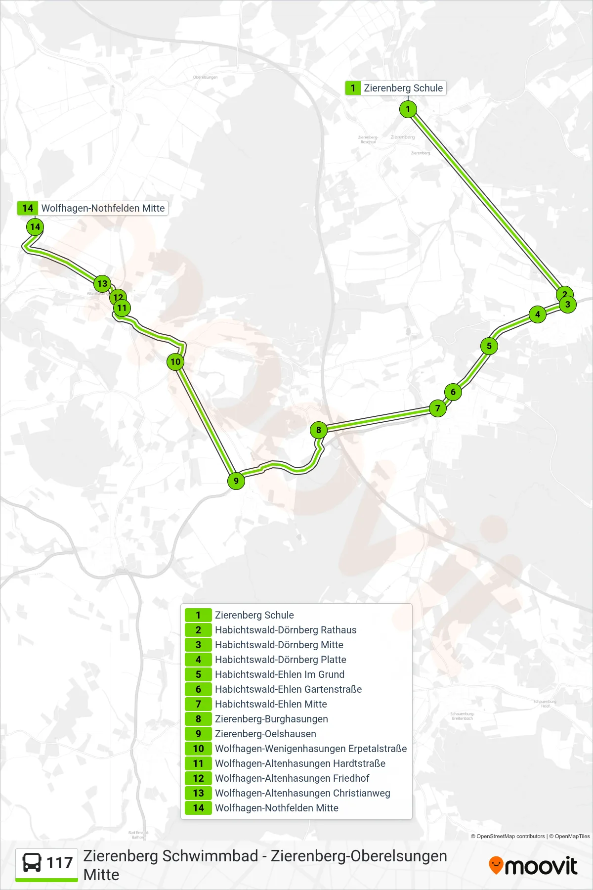 117 bus Line (Nothfelden) route and stops on a map