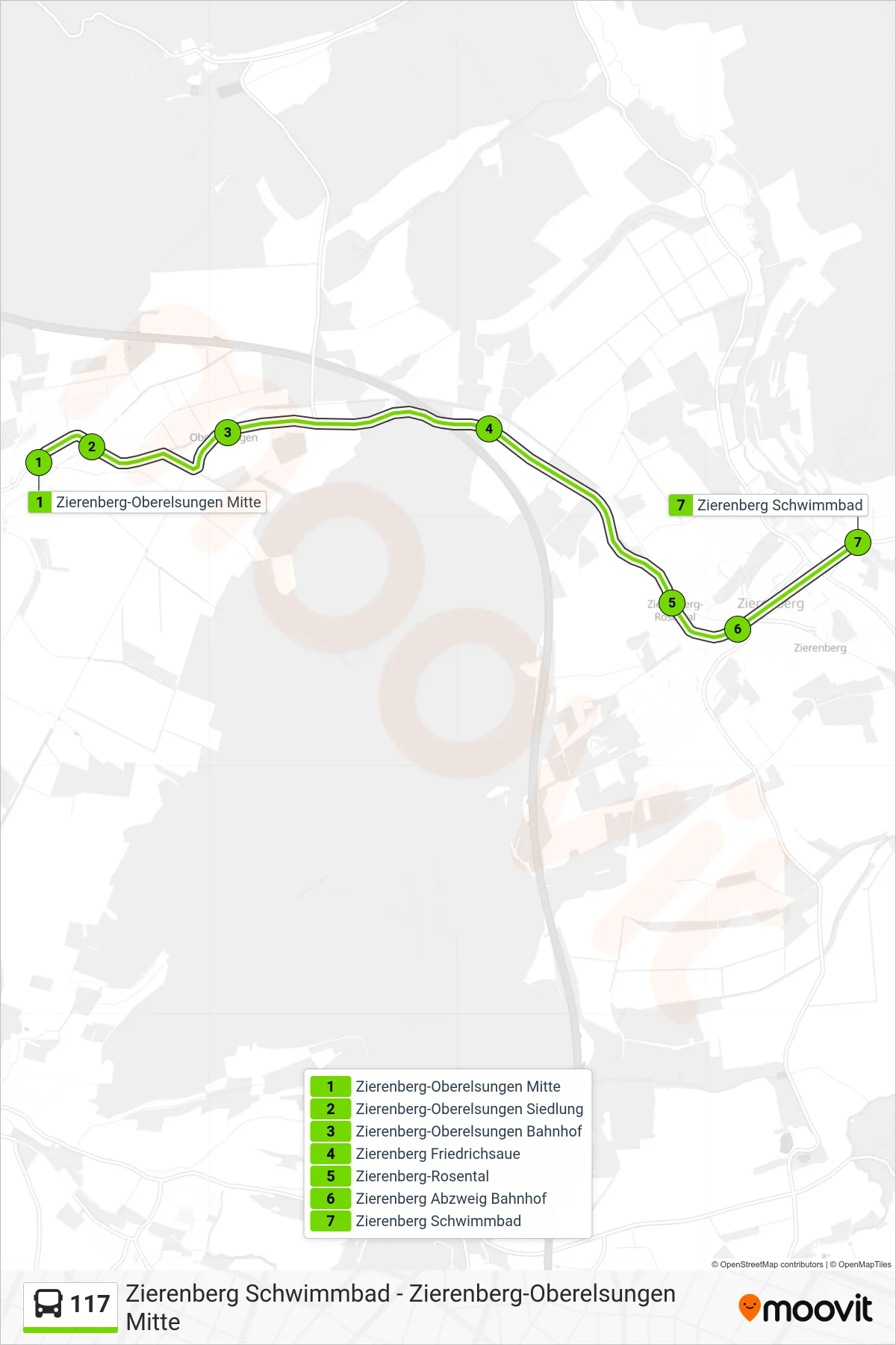 117 bus Line (Zierenberg) route and stops on a map