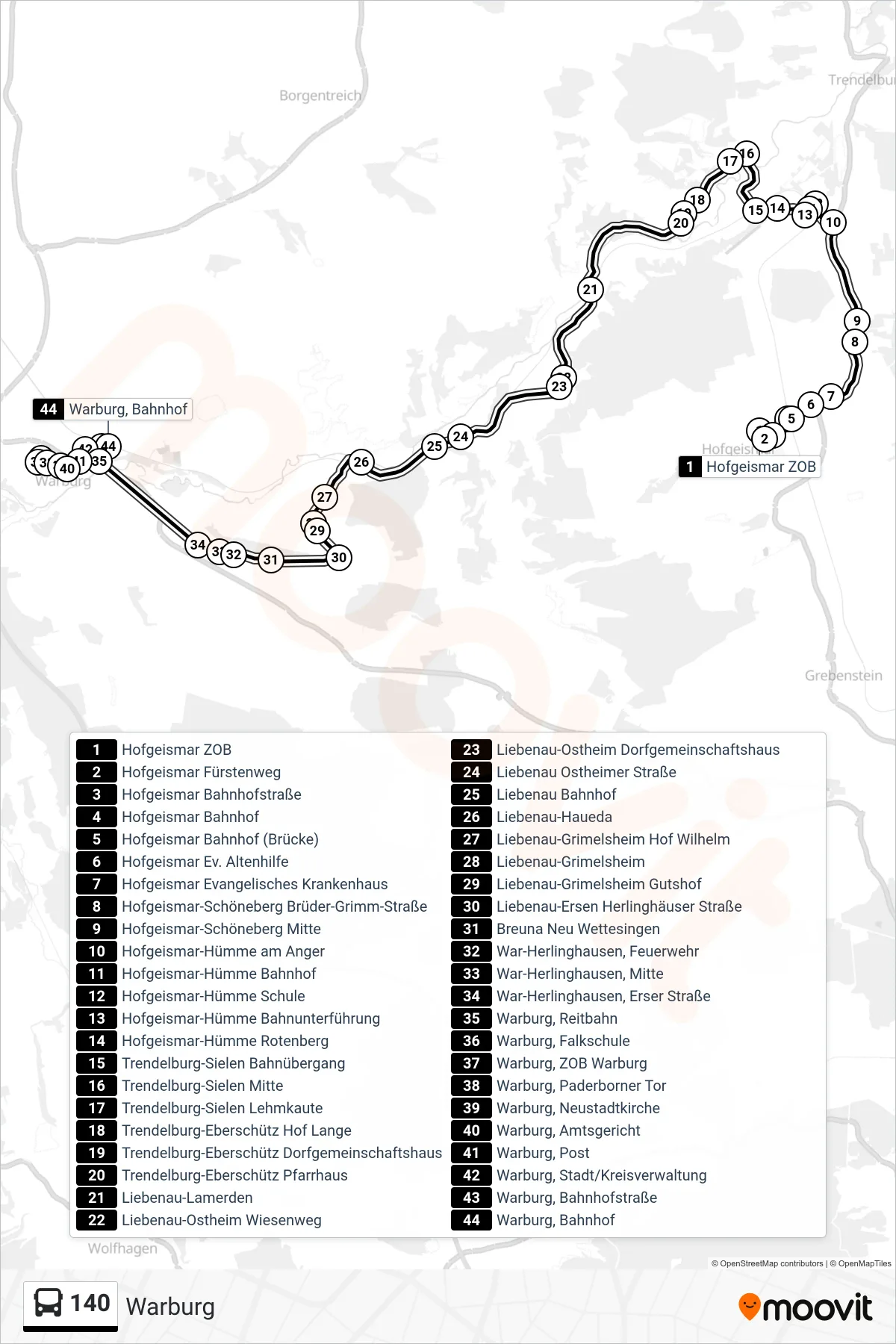 140 bus Line (Warburg) route and stops on a map