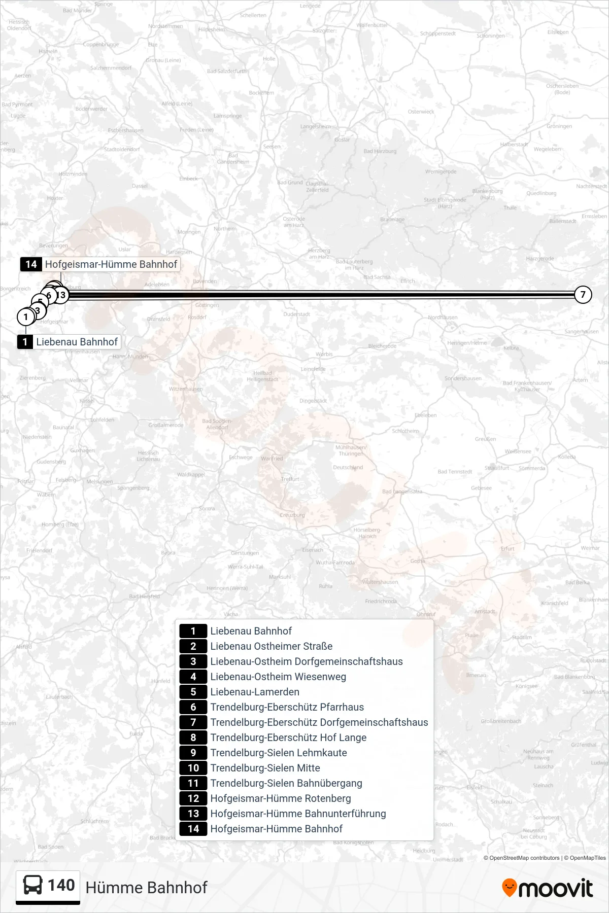 140 bus Line (Hümme Bahnhof) route and stops on a map